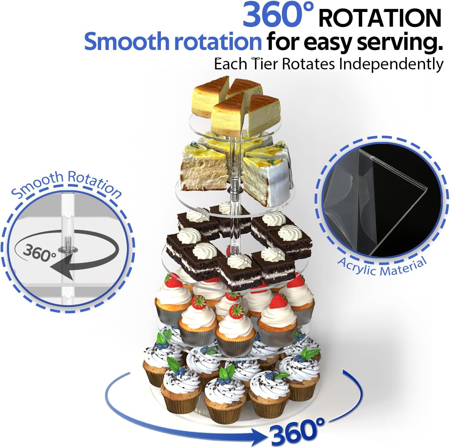 5-Tier Rotating Cupcake Stand, Clear Acrylic 360° Spinning Dessert Display Tower for Cakes & Pastries, Serving Stand for Weddings, Birthdays, Parties