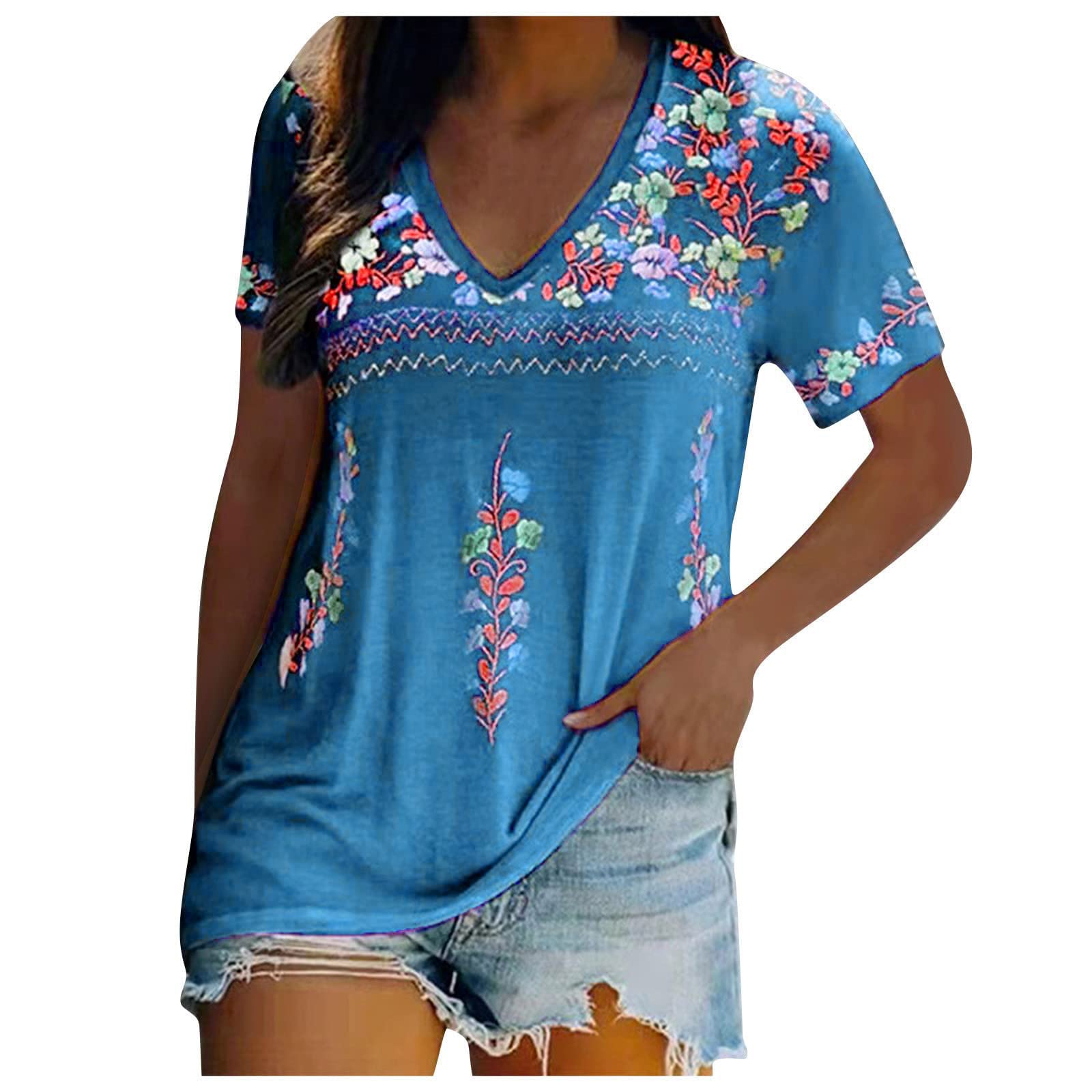 NUSGEAR 2024 Camiseta de Manga Corta Mujer Moda impresión Flores Estampado Camisa Verano Cuello en V Suelto Retro Boho Casual Tops Fiesta T-Shirt Original Basic tee Talla Grande Camisetas Blusa