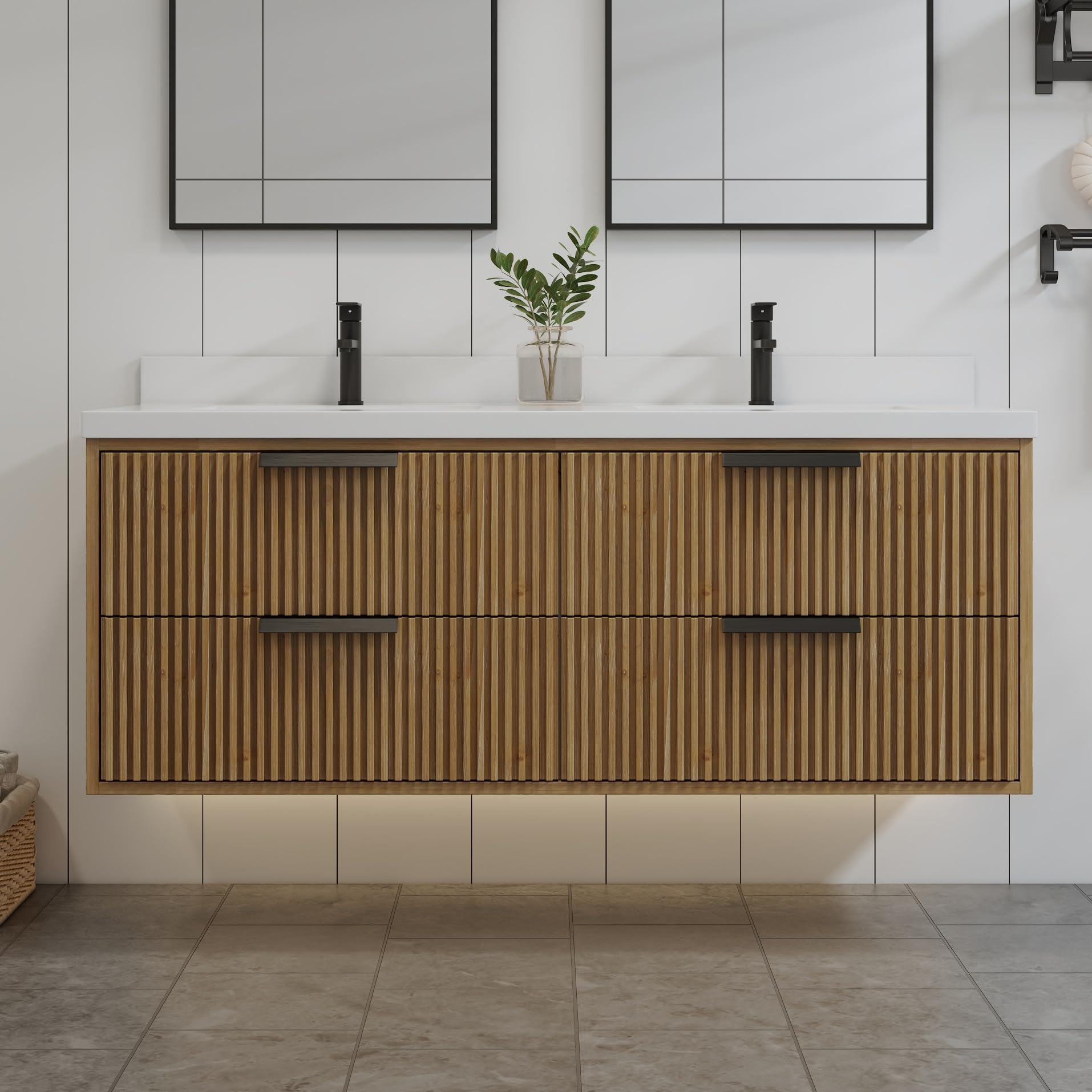 Maxbano 55" Double Bathroom Vanity with Ceramic Sinks, Undermount Sink Cabinet, 4 Soft Clossing Drawers, Floating Storage Cabinet with White Sinks,