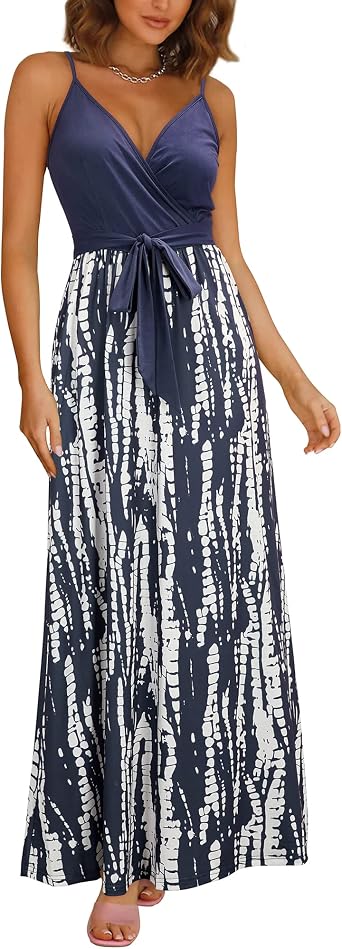 OUGES Womens Summer Maxi Dress V Neck Floral Adjustable Spaghetti Strap Beach Dresses with Pockets