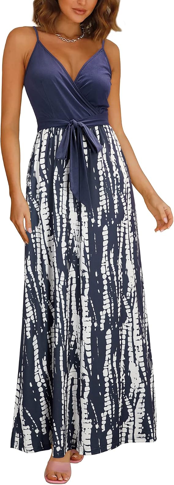 OUGES Womens Summer Maxi Dress V Neck Floral Adjustable Spaghetti Strap Beach Dresses with Pockets