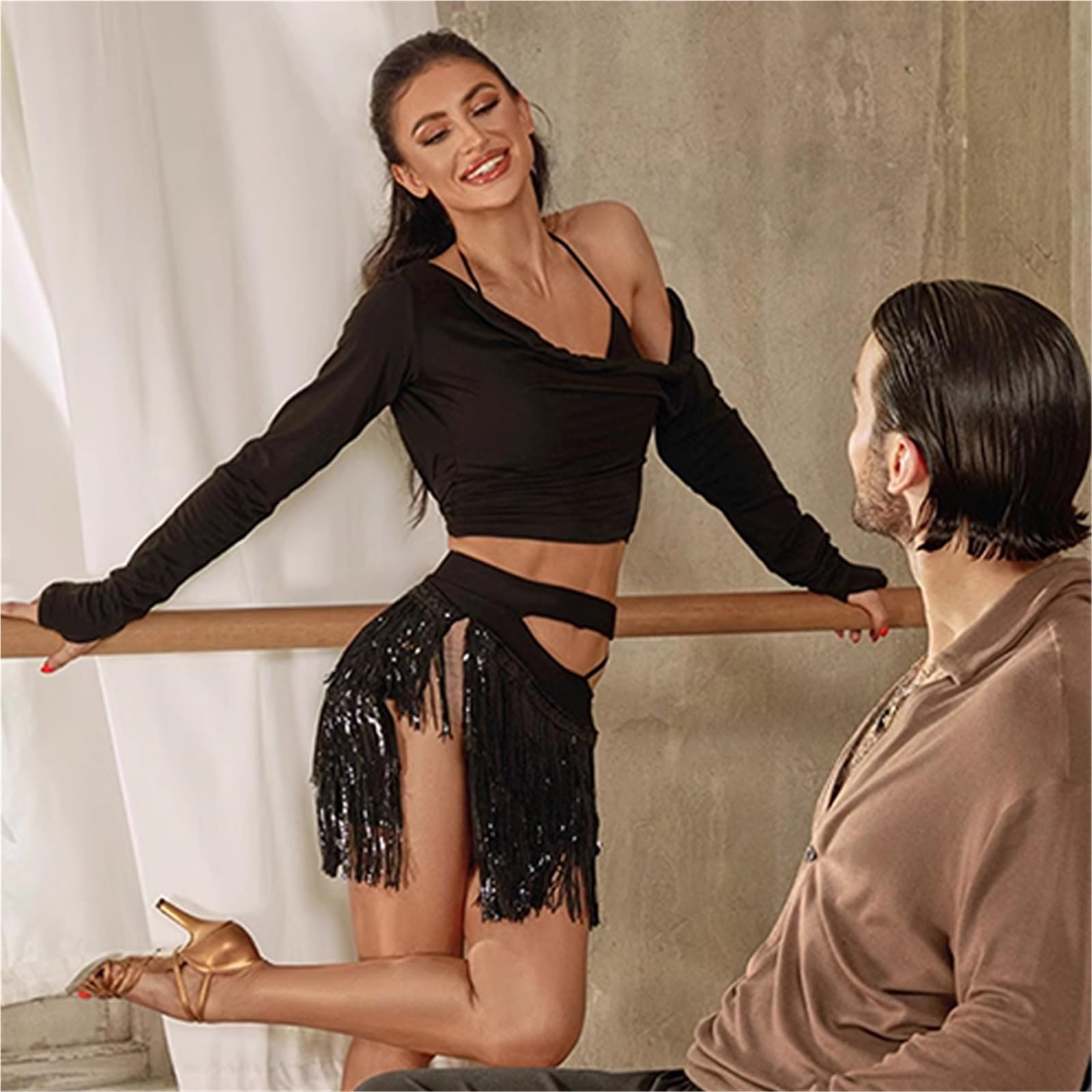 Vestiti da Ballo Latino Latin Dance Clothes Slant Shoulder Tops Seuqin Tassel Skirt Adult Cha Rumba Performance Costume Black Dress