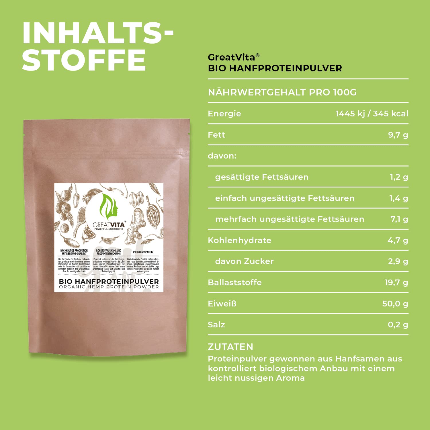 GreatVita Bio Hanfprotein Pulver 800g | Premium Qualität - hoher Proteingehalt/natürliches Protein/GreatVita