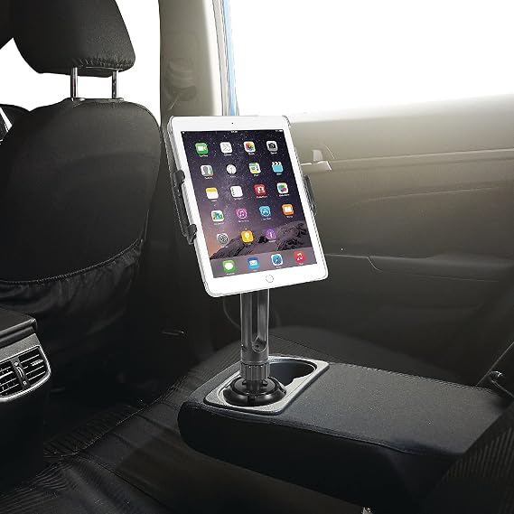 Macally Cup Holder Tablet Mount - Heavy Duty iPad Cup Holder Car Mount Stand or Tablet Holder for Car, Truck, and Vehicle - Fits Devices 3.5 - 8 Wide with Case - Adjustable iPad Holder for Car