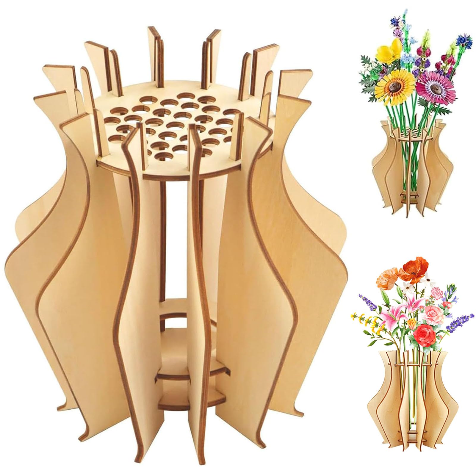 FiveMileBro Florero de Madera para Lego, Jarrón 3D Puzzle Decorativo con Diseño Construible para Flores Artificiales, Ideal para Regalo Original (talla grande)