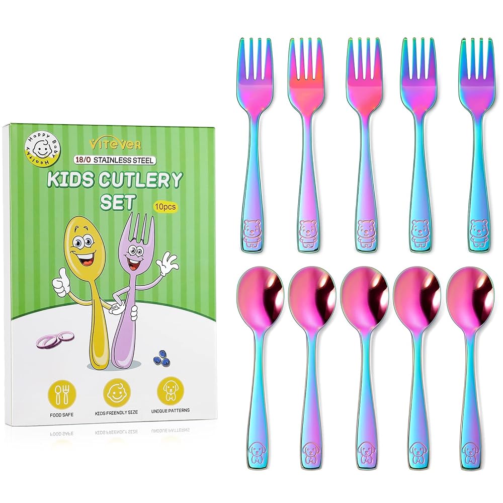 VITEVER 10 Pack Toddler Utensils, Stainless Steel Rainbow Silverware Set for Kids, Children Safe Cutlery Set Includes Forks and Spoons - Dishwasher Safe