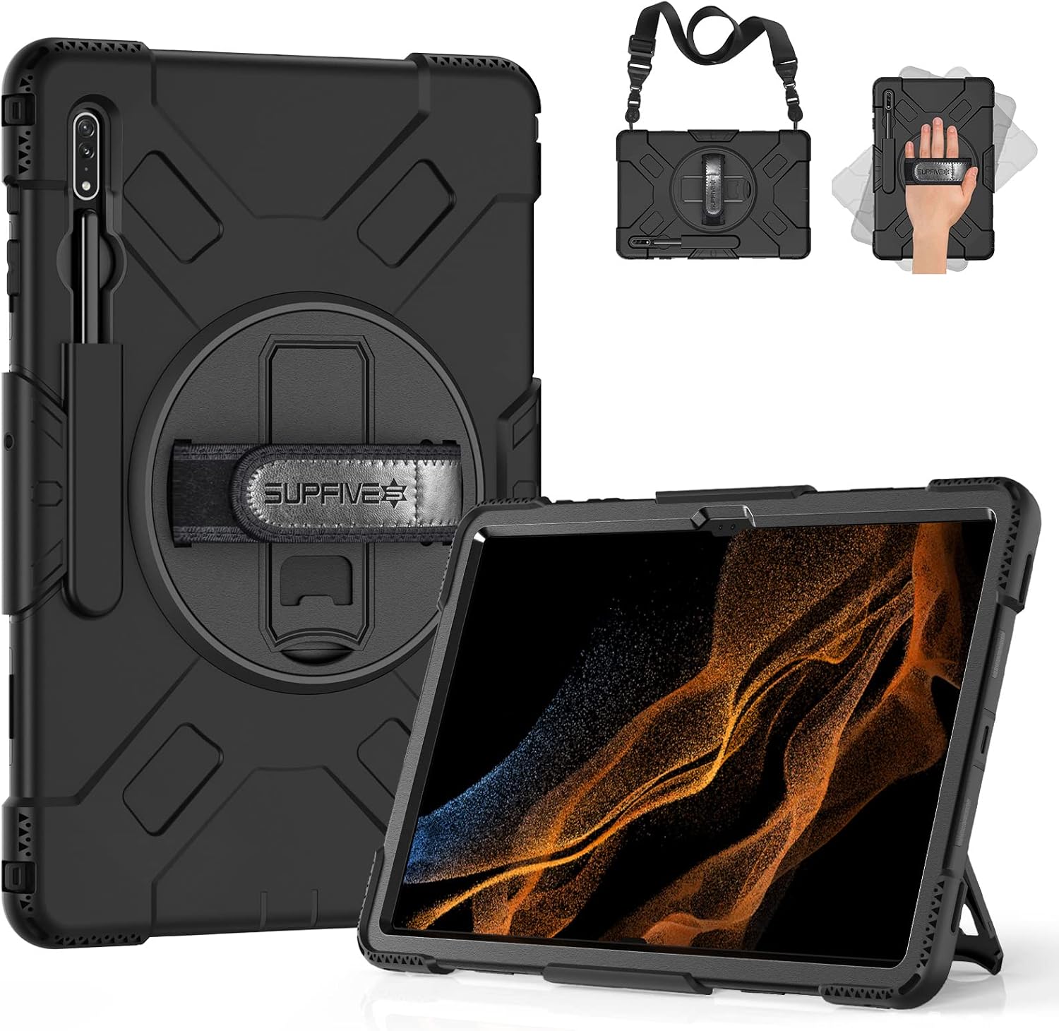 SUPFIVES Case for Galaxy Tab S8 Ultra 2022 : Military Grade Heavy Duty Silicone Protective Cover for Tablet S8 Ultra 14.6 Inch w/S-Pen Holder + Rotating Stand + Handle + Shoulder Strap - Black