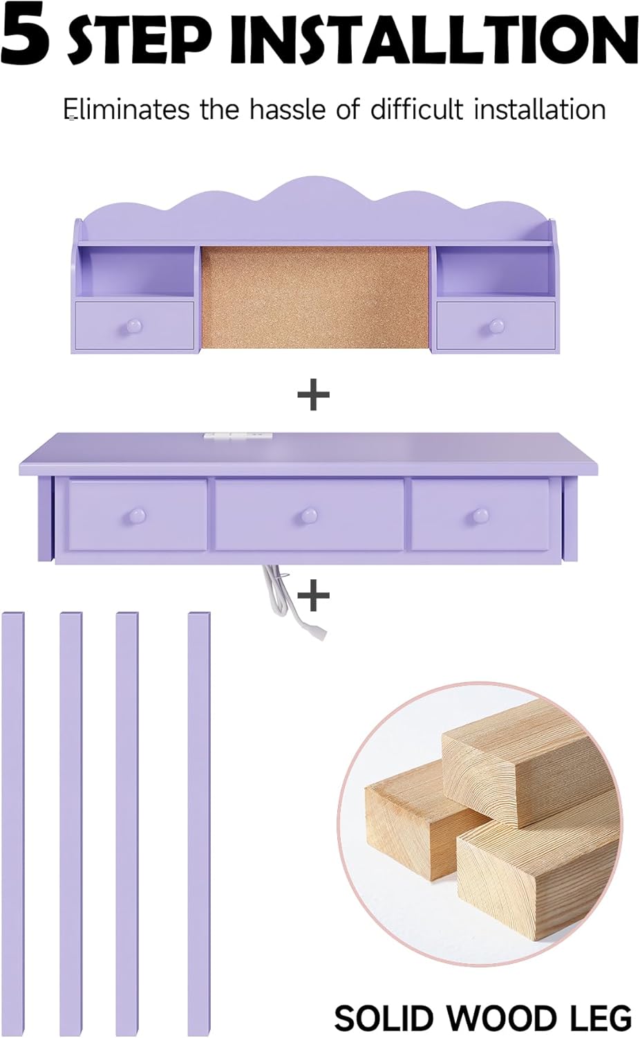 Home Office Furniture Writing Desk, 36 Inch Computer Work Station with Detachable Hutch for Small Place, 5 Drawers(Purple)