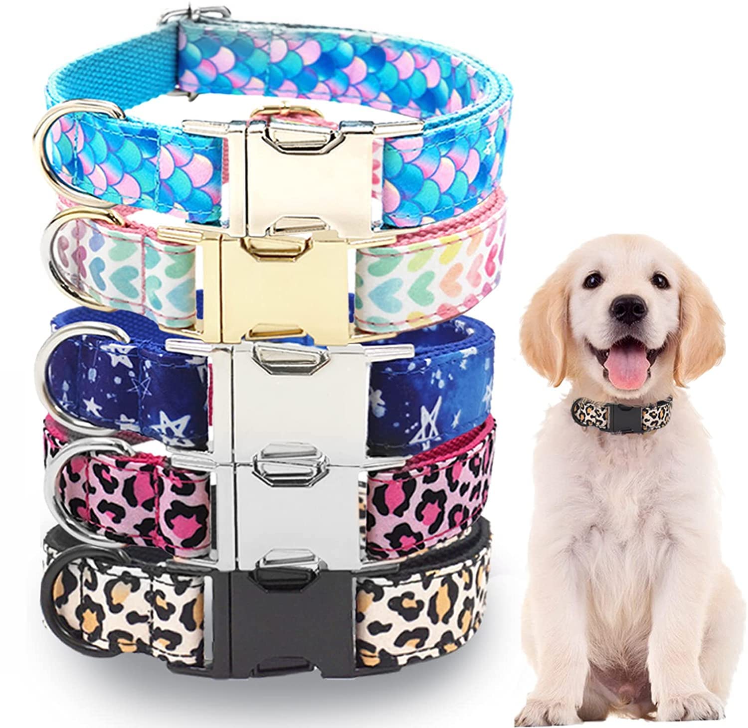 Personalized Dog Collar with Name Plate, Adjustable Tough Nylon Customize Engraved ID Collar with Metal Buckle, Options to Matching Style Leash and