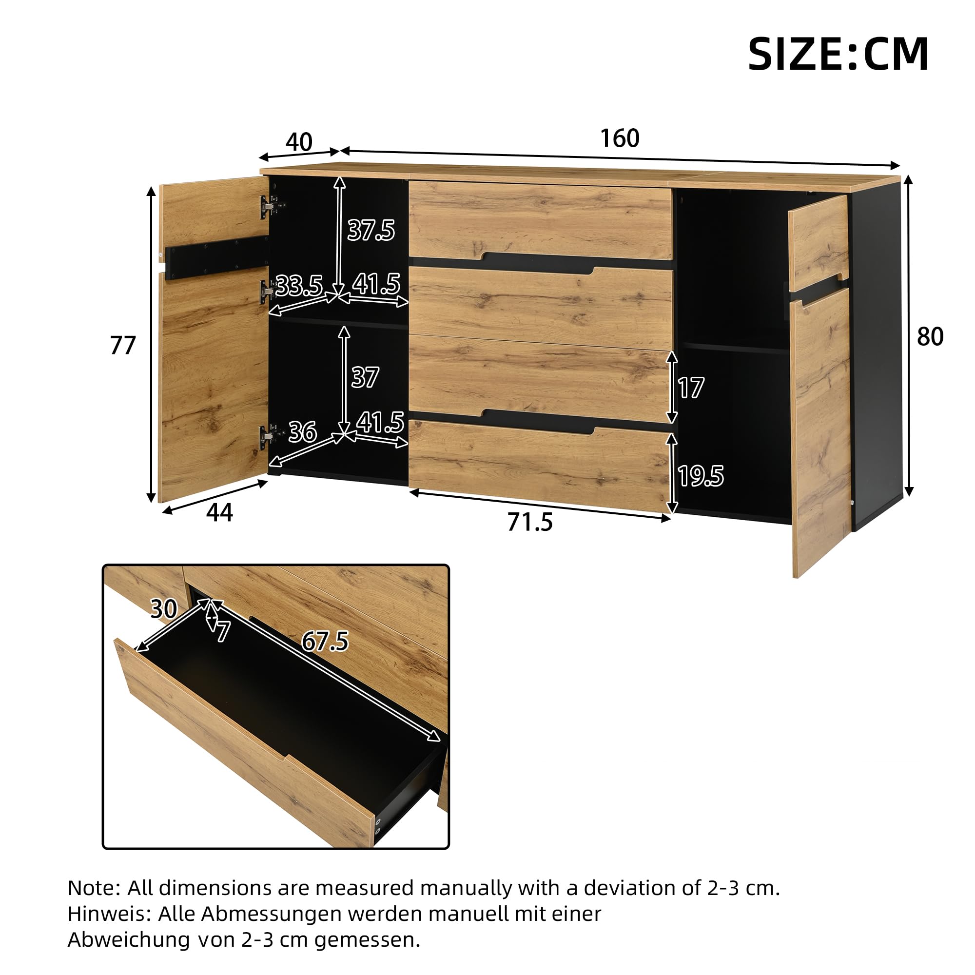 Merax Aparador con 2 puertas de armario, 4 cajones, aparador de madera, armario de cocina buffet, armarios anchos sin mango, color madera + negro/160 x 40 x 80 cm