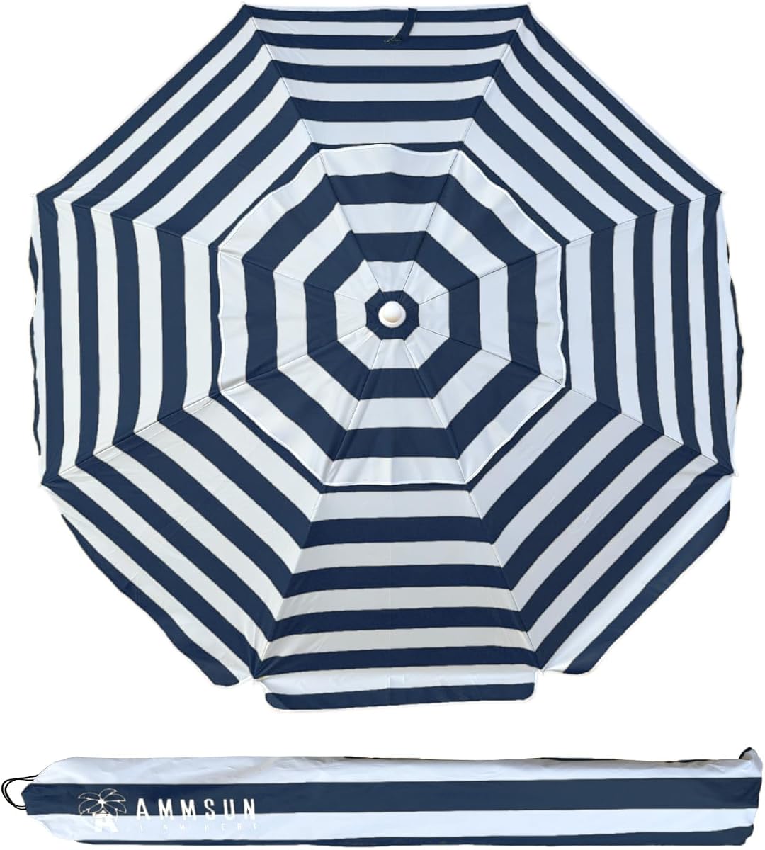 6.5ft Portable Patio Beach Umbrella for Sand with Tilt, Air Vent | UPF50+ Sun Protection, Windproof Outdoor Umbrellas with Carry Bag, for Patio Beach Garden Pool Backyard, Navy Stripes