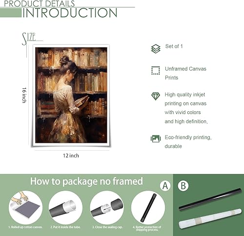 Miniatura 7 de Huabsad Pintura al óleo de retrato vintage, arte de pared, biblioteca retro, niña, lectura de libros antiguos, pósteres de famosos lienzos antiguos