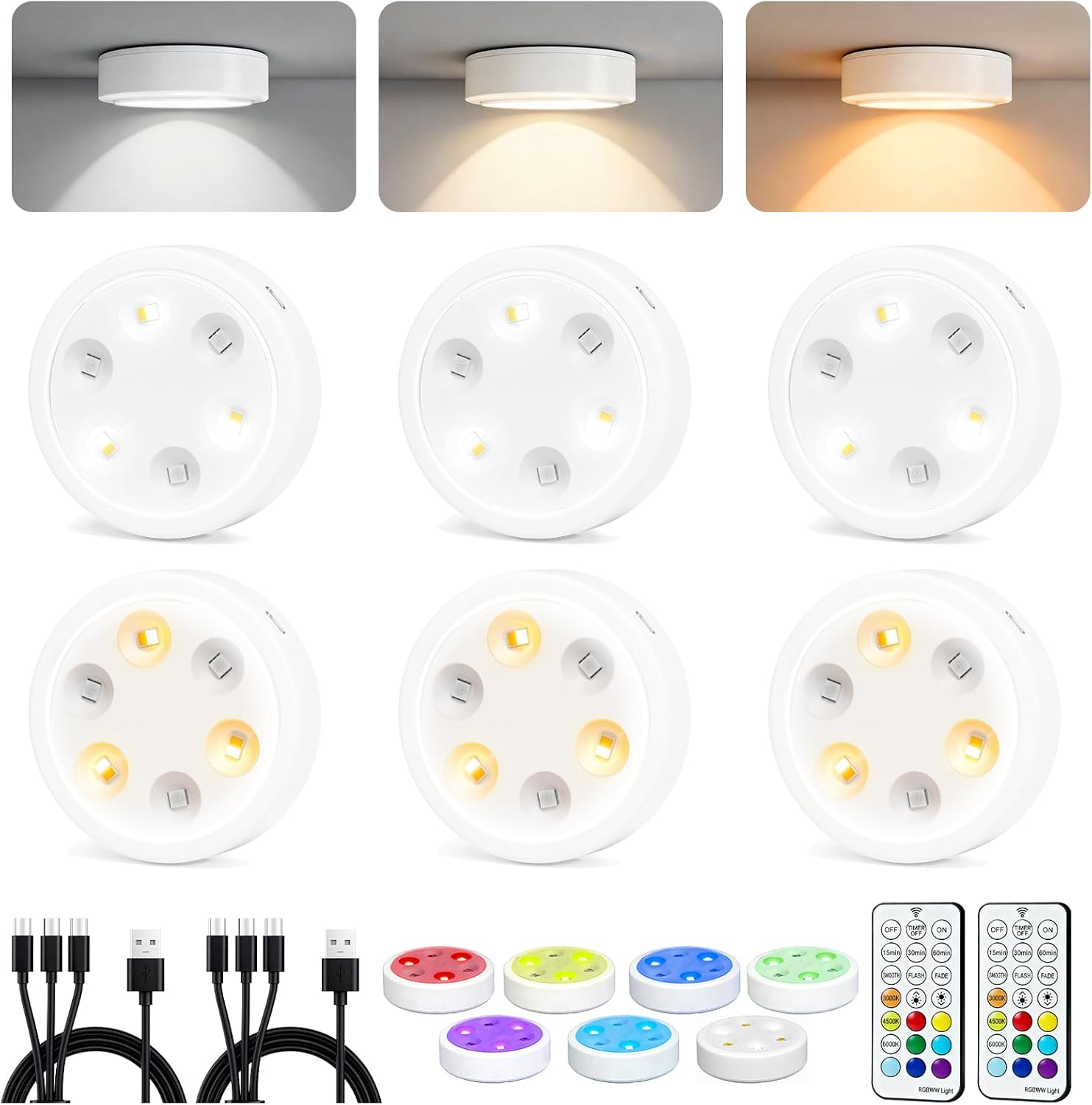 6-Pack Puck Lights with Remote, 1800mAh Rechargeable Under Cabinet Lighting, 3 Color Temps & 7 RGB Colors, Long-Lasting Dimmable Stick-On Lights for Cabinet, Kitchen, Shelf, Party
