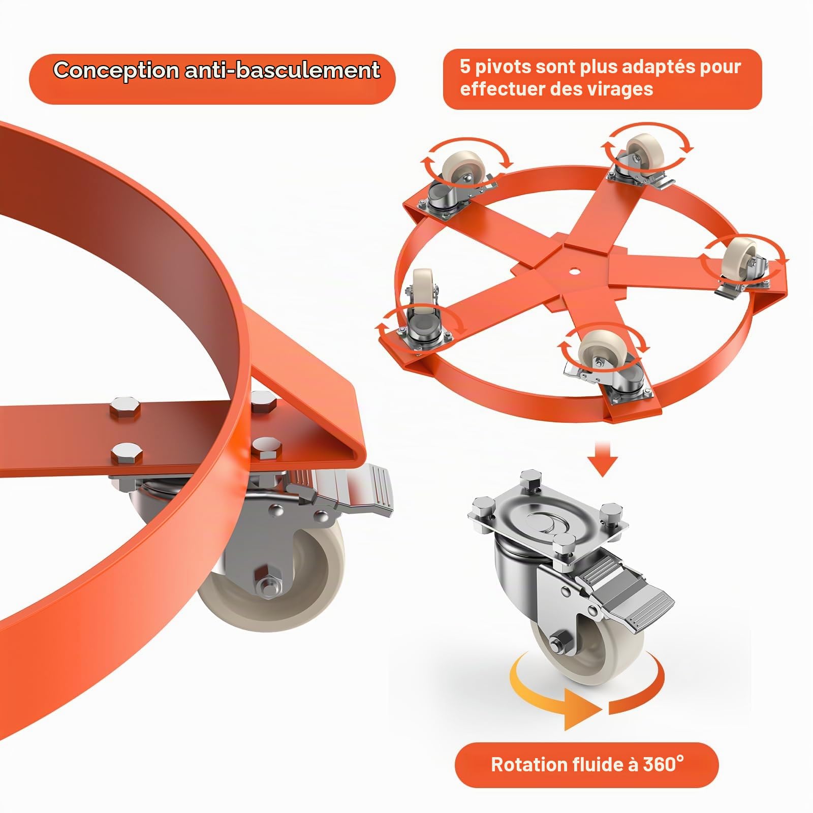 Chariot de transport pour fûts, chariot de transport pour fût métallique de 210 litres, capacité de charge 570 kg, diamètre du fût 60 cm, fût avec 5 roues universelles, plateau roulant en métal