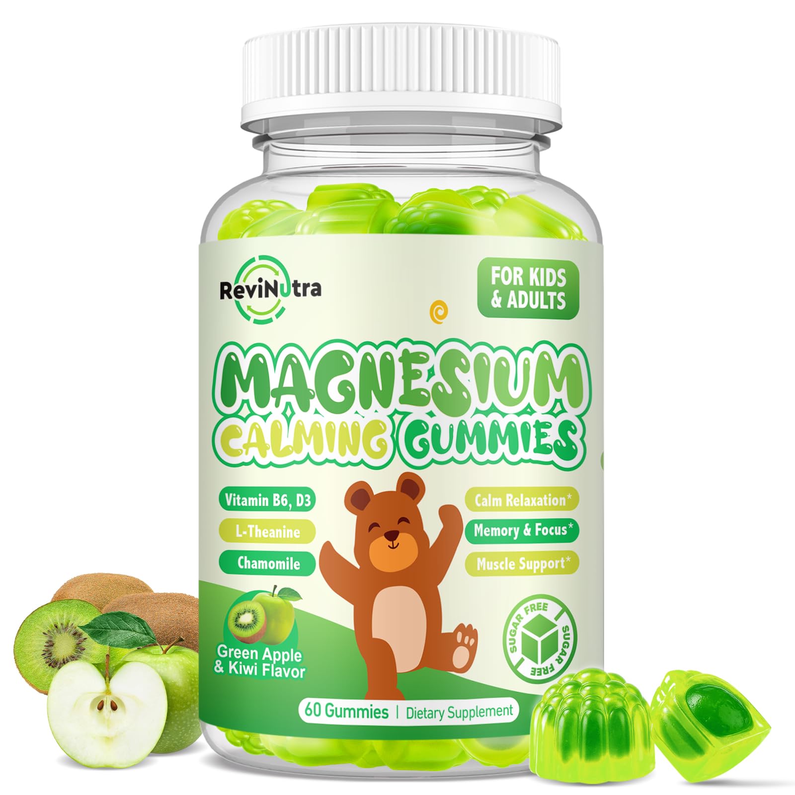 Magnesium Gummies for Kids - Magnesium Glycinate Gummies with L-Theanine, Vitamin B6, D3 for Kids & Adults Sleep, Calm, Relaxation, Brain, Bones, Muscle Relief, Sugar Free Green Apple & Kiwi 60ct Green Apple & Kiwi 60 Count (Pack of 1)