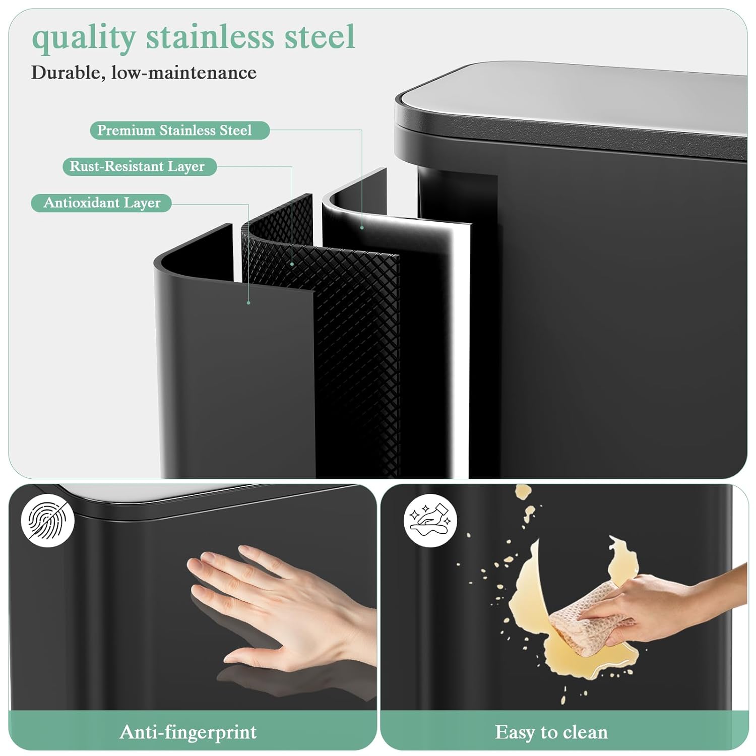 Arlopu 8 Gal/13.2 Gal Kitchen Trash Can W/Soft-Close Lid & Foot Pedal, Square Garbage Can W/Removable Inner Bucket & Handle, Stainless Step Garbage Bin, Fingerprint-Proof (Black, 8 Gal)