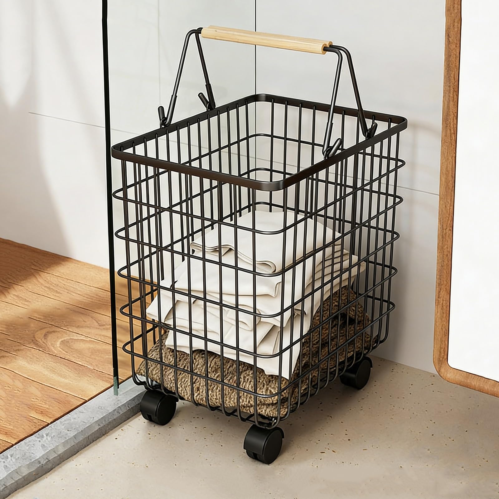 SFSLBFB Large Laundry Basket with Wheels, Rolling Hamper with Handle, Collapsible Dirty Clothes Container for Bedroom Bathroom, Space Saving