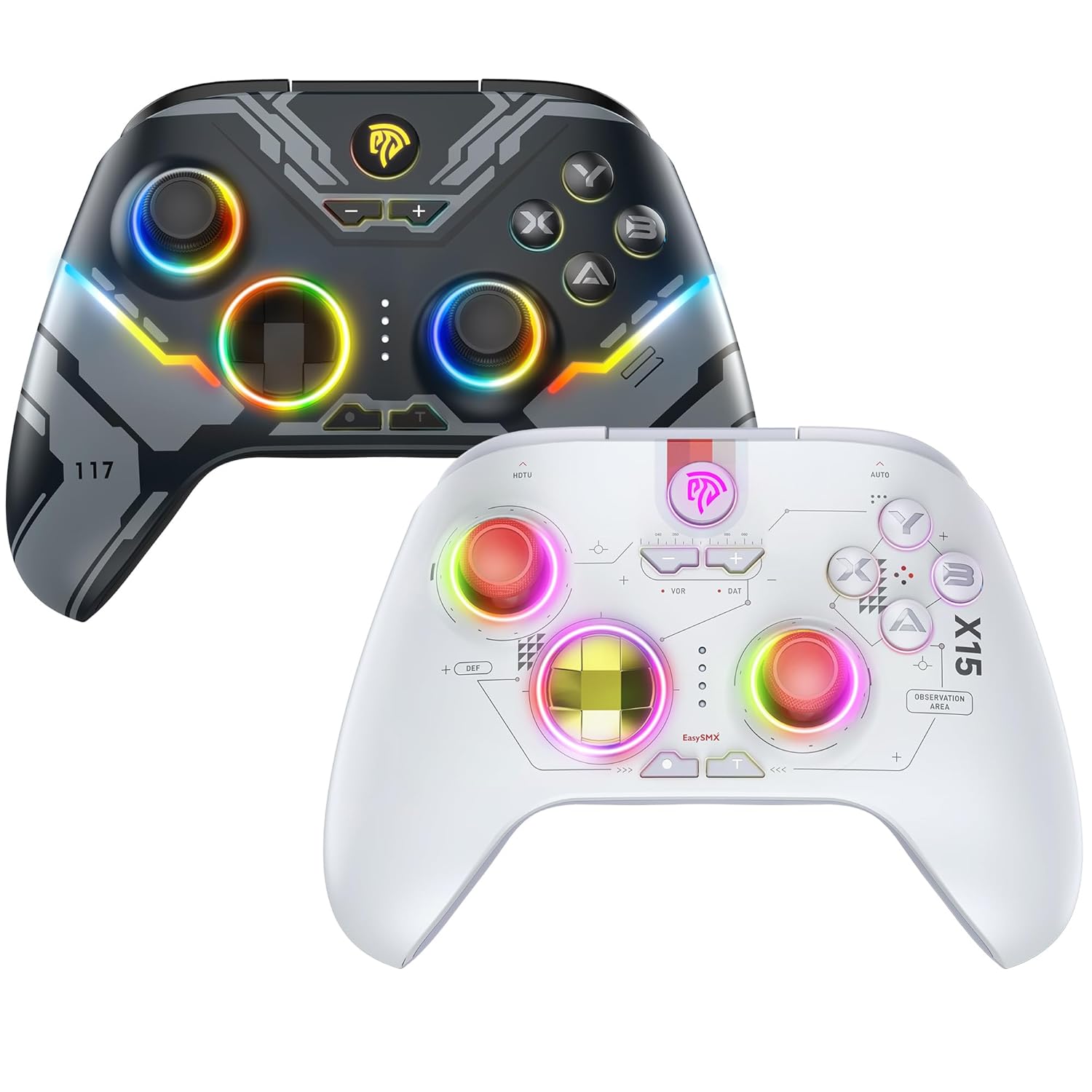 Two EasySMX X15 wireless controllers, one dark gray and one white, both featuring vibrant RGB lighting around the joysticks and buttons.
