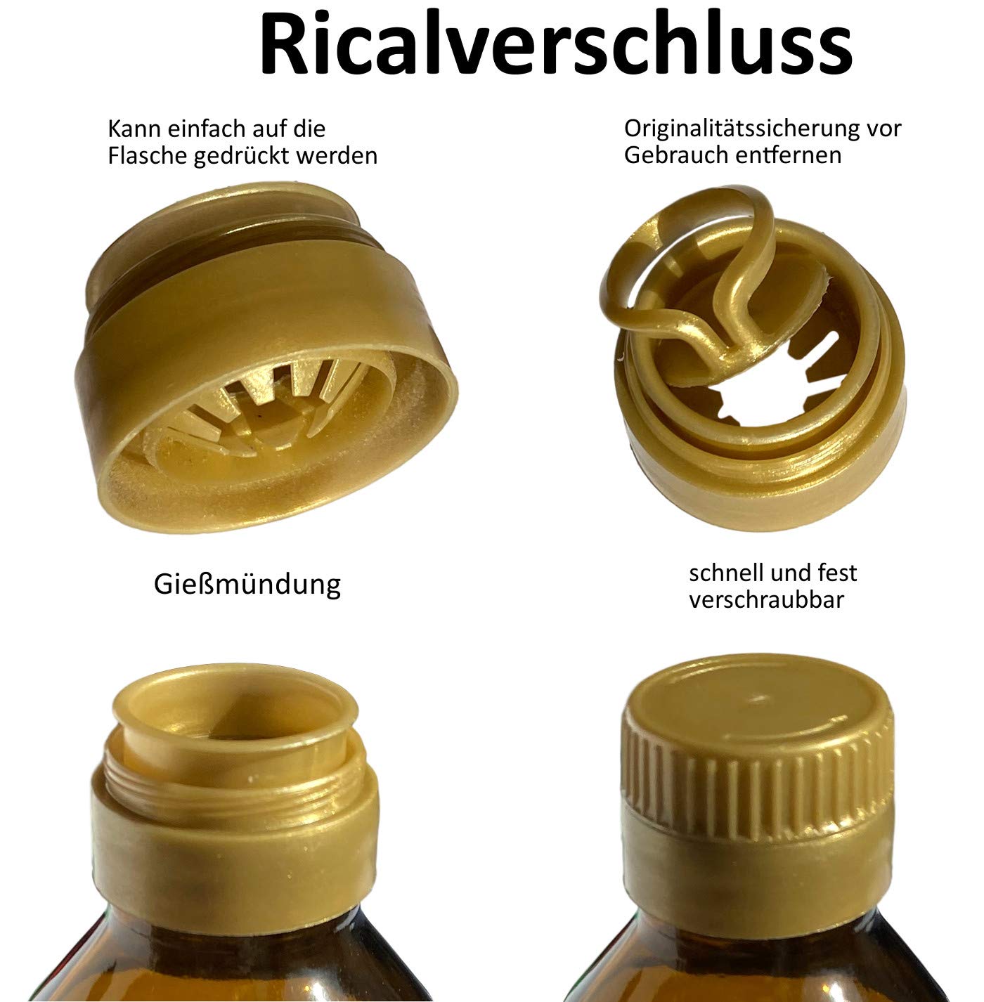 gouveo Set 24 bottiglie Rical in vetro da 250 ml con protezione antimanomissione e versatore - bottiglia vuota in vetro marrone per oli da cucina di alta qualità (RFR250G)