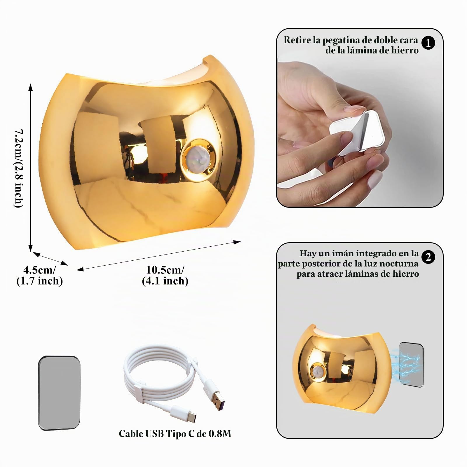 LED Moderna Apliques de Pared Interior con Sensor de Movimiento Lámpara de Pared 3 Modos de Color Iluminación de Pared USB Recargable para Pasillo Escalera Habitación (Oro,2 Piezas)