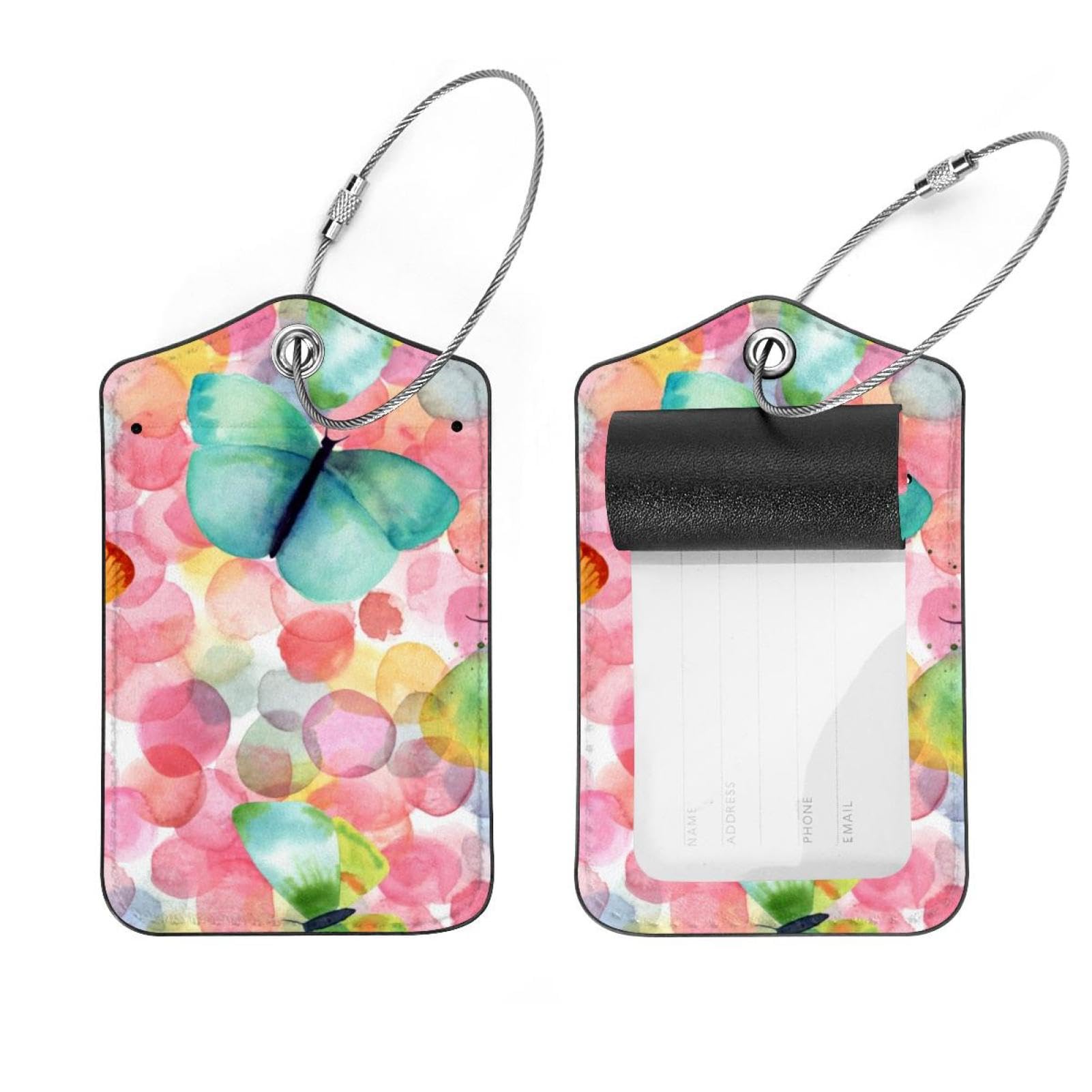 2 Etichette Da Bagaglio Con Farfalle Colorate In Pelle PU – Identificativo Per Valigia Con Anello Acciaio E Protezione Privacy