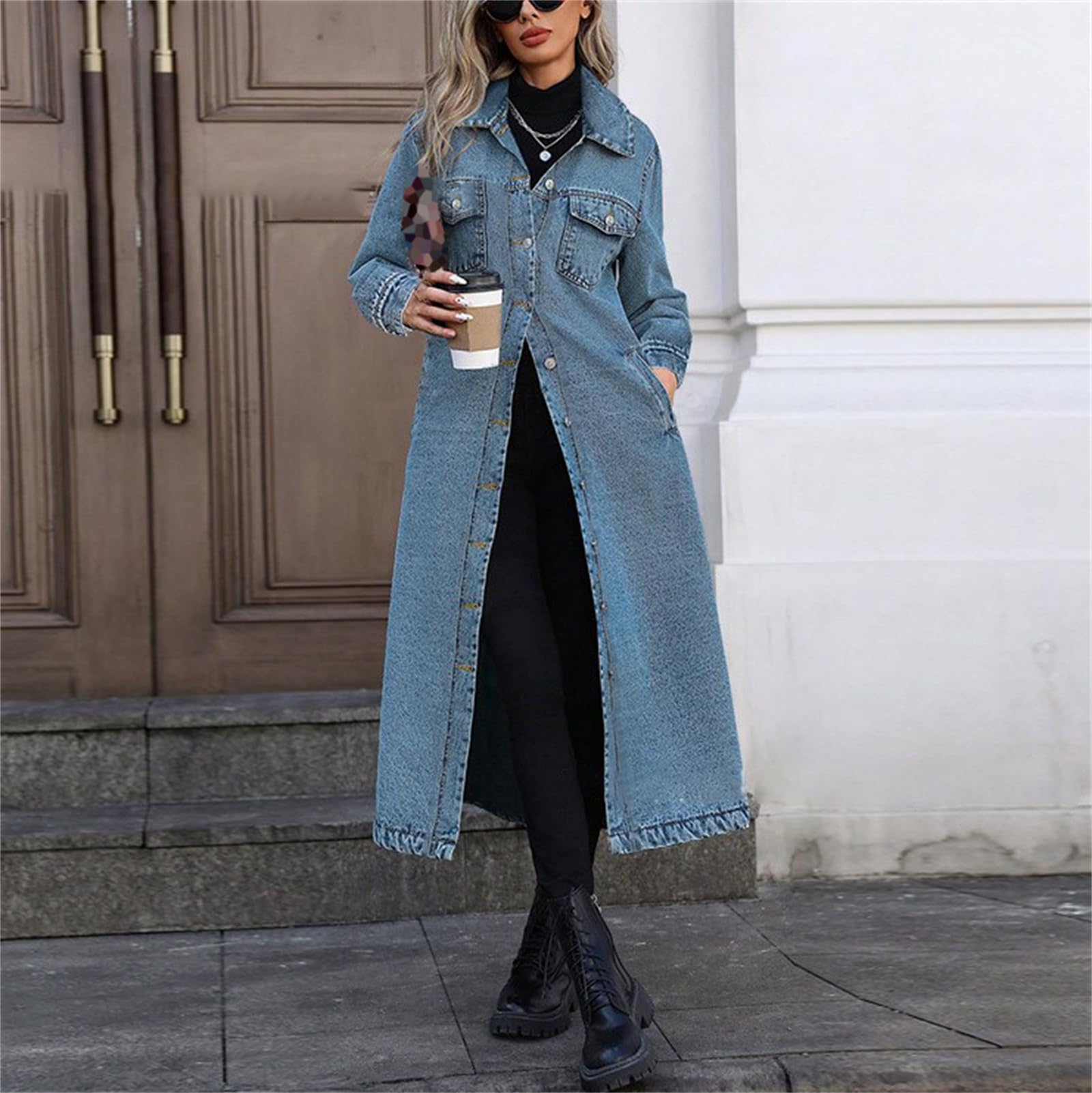 Trench Dżinsowy Długi Damski Klapa Guziki Kurtka Denim Luźna Oversize, Niebieski, S | Wiatroodporny dżins z praktycznymi kieszeniami bocznymi. Łatwe dopasowanie do innych ubrań. Com, idealny do pracy
