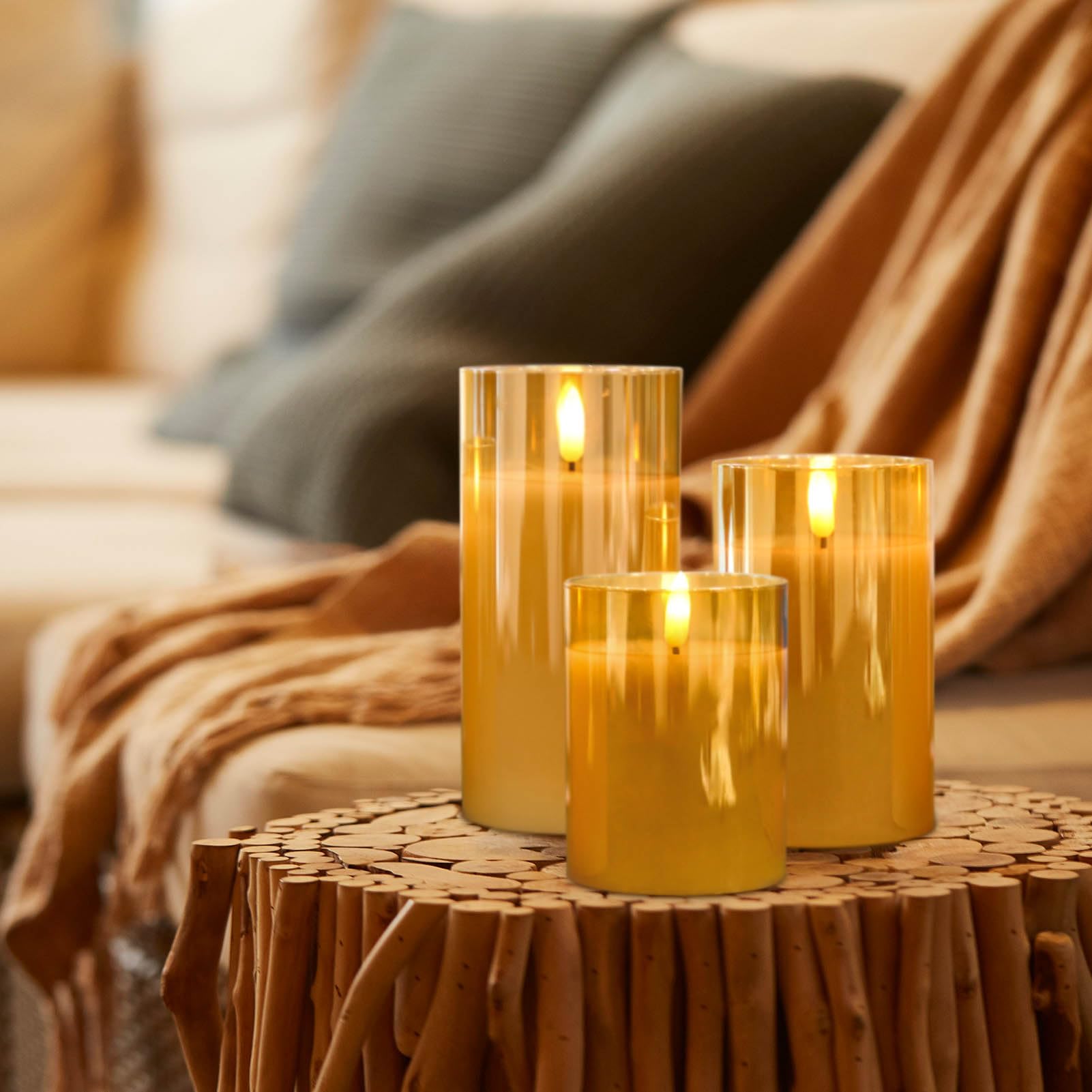 KunSween Christmas Flameless Candles With 6H Timer, 3 Pack LED Flickering Candles With Gold Deer Decals And Real Wax, Christmas Winter Decorations For Home Indoor Table Centerpieces