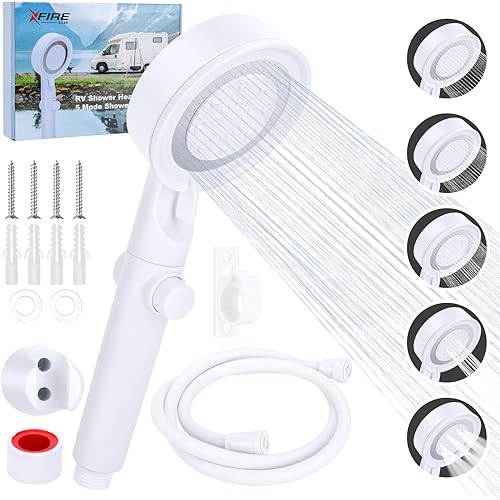 RV Shower Head with Hose, 5+1 Mode High Pressure Shower Head Replacement with On/Off Switch, Water Saving Motorhome Shower Head, Shower Head for RV/Campervan, Caravan