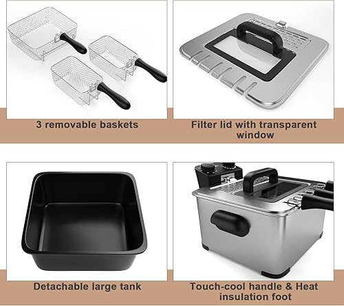 Miniatura 7 de Freidora eléctrica con 3 canastas, freidora de aceite eléctrica de temperatura ajustable de 5.3 cuartos de galón con temporizador, tapa de ventana