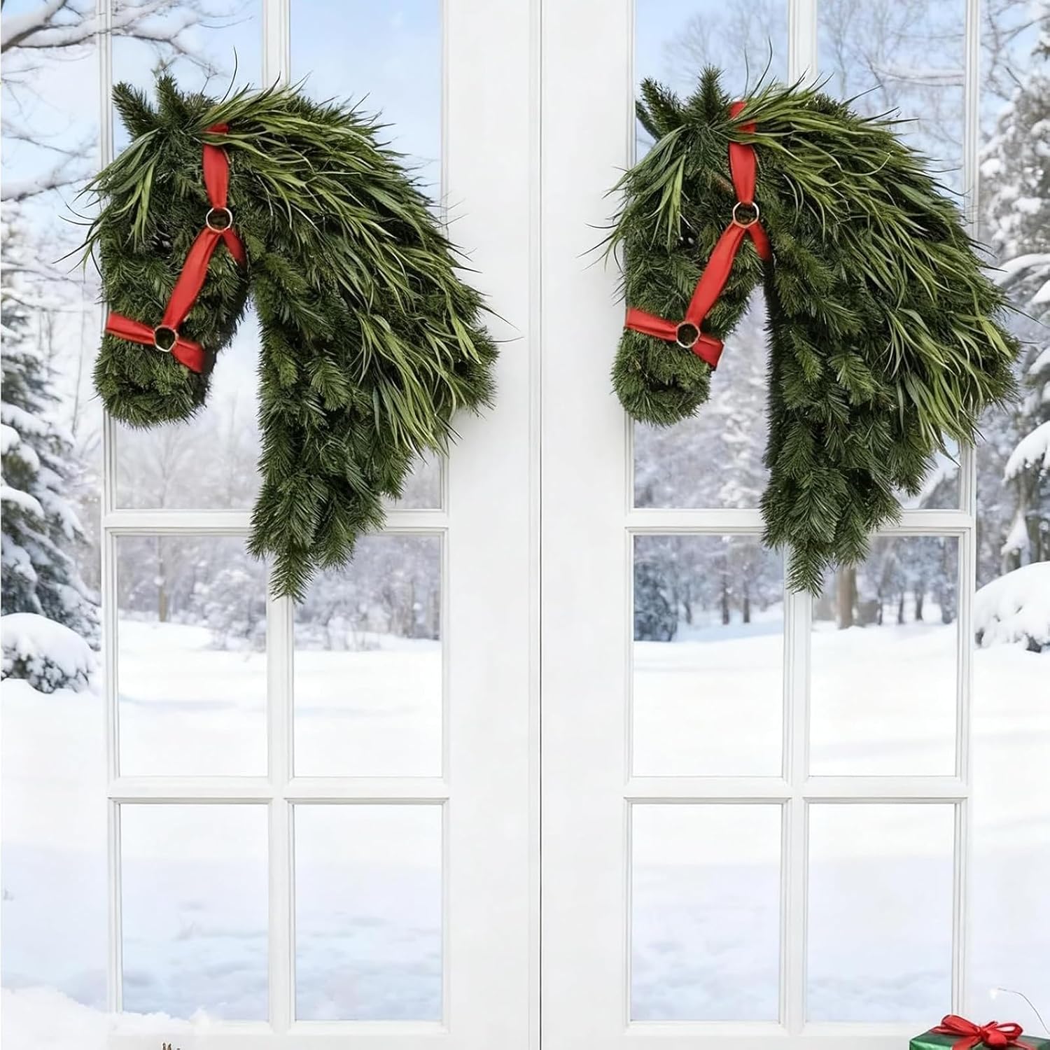 Horse Head Wreath – Rustic Farmhouse Equestrian Door Decor, Horse Head Christmas Wreath, 15.7 * 11.8in Horsehead Wreath for Front Door, Barn,Porch Holiday Home Decoration (Left+Right)