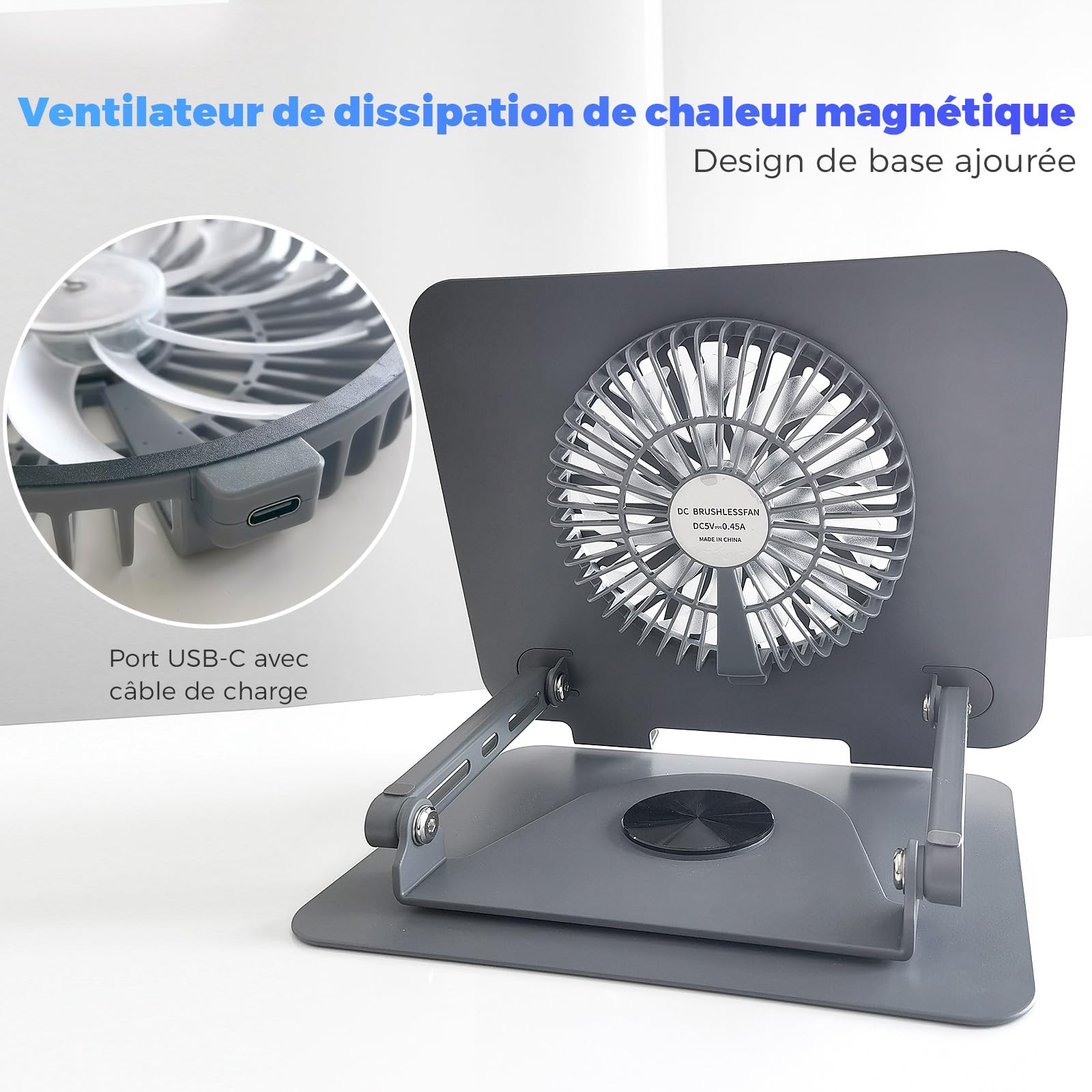 Support pour ordinateur portable en aluminium, rotatif à 360°, pliable, avec ventilateur magnétique pour le refroidissement, compatible avec MacBook et appareils de 10 à 17,3 pouces (gris