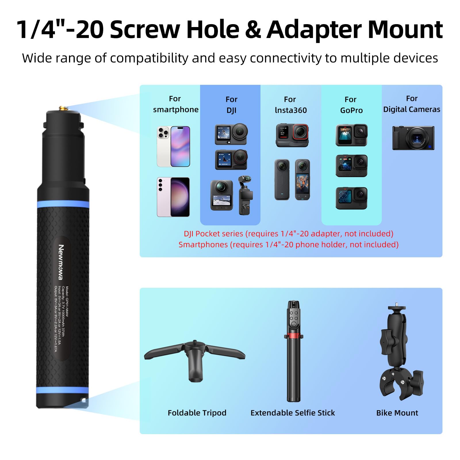 Newmowa 10000mAh Impugnatura Power Bank Treppiede per Action Camera & Phone | Ricarica Rapida PD/QC, Impugnatura Power Bank Portatile per GoPro Hero DJI Action Camera Insta360 Fotocamera Digitale & Phone