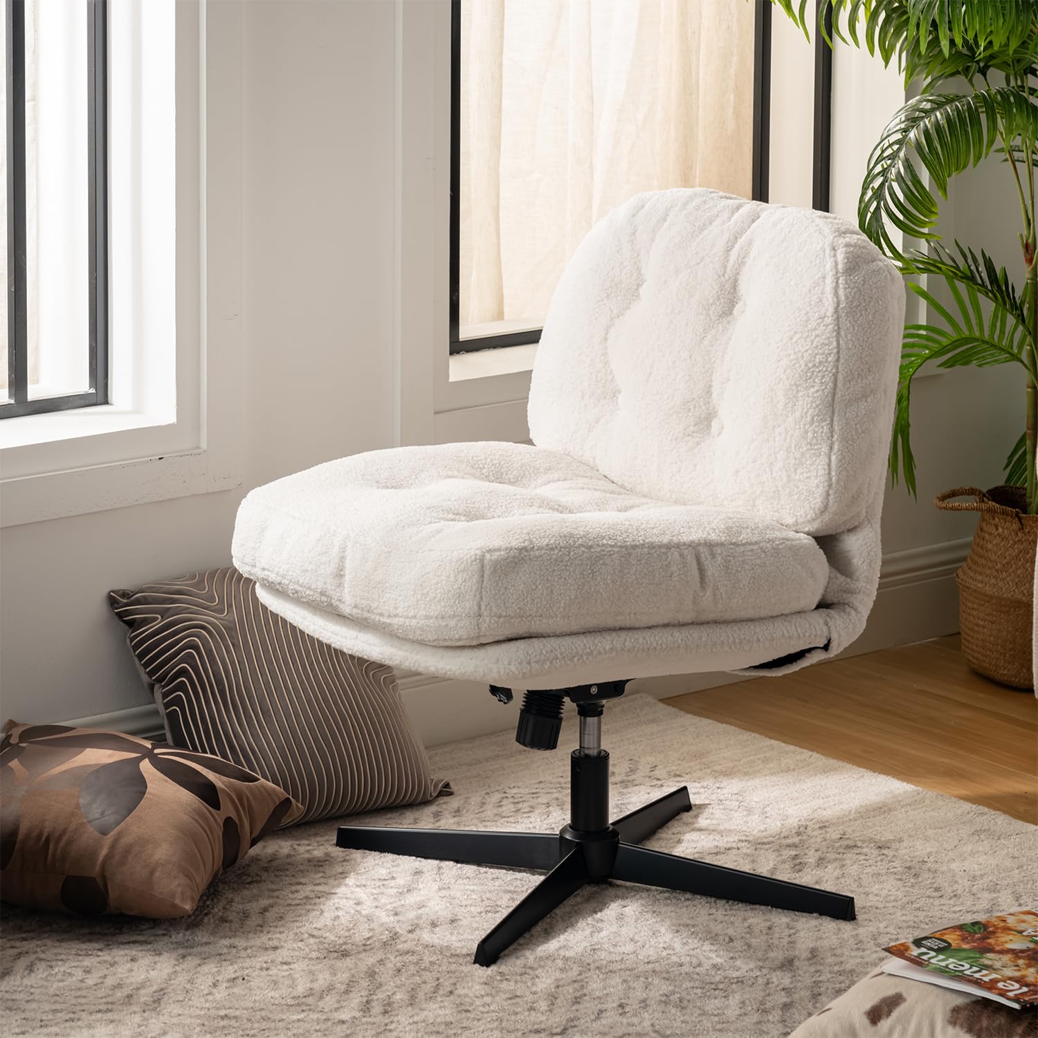 MEUBLE Cosy Sillón Giratoria 360° Butaca de Salón Función de Inclinación para Dormitorio Oficina Silla con Asiento Grueso Respaldo sin Reposabrazos Ruedas en Tela de Bucle Blanco
