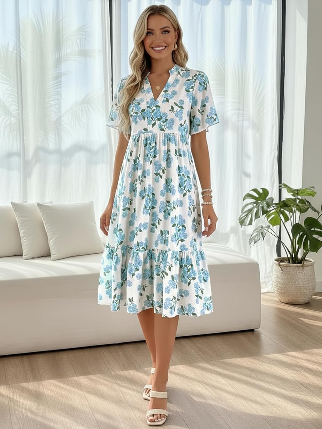 Women's Boho Floral Midi Dress Summer Ruffle A Line V Neck Flowy Sundress Beach Vacation Clothes - Image 5