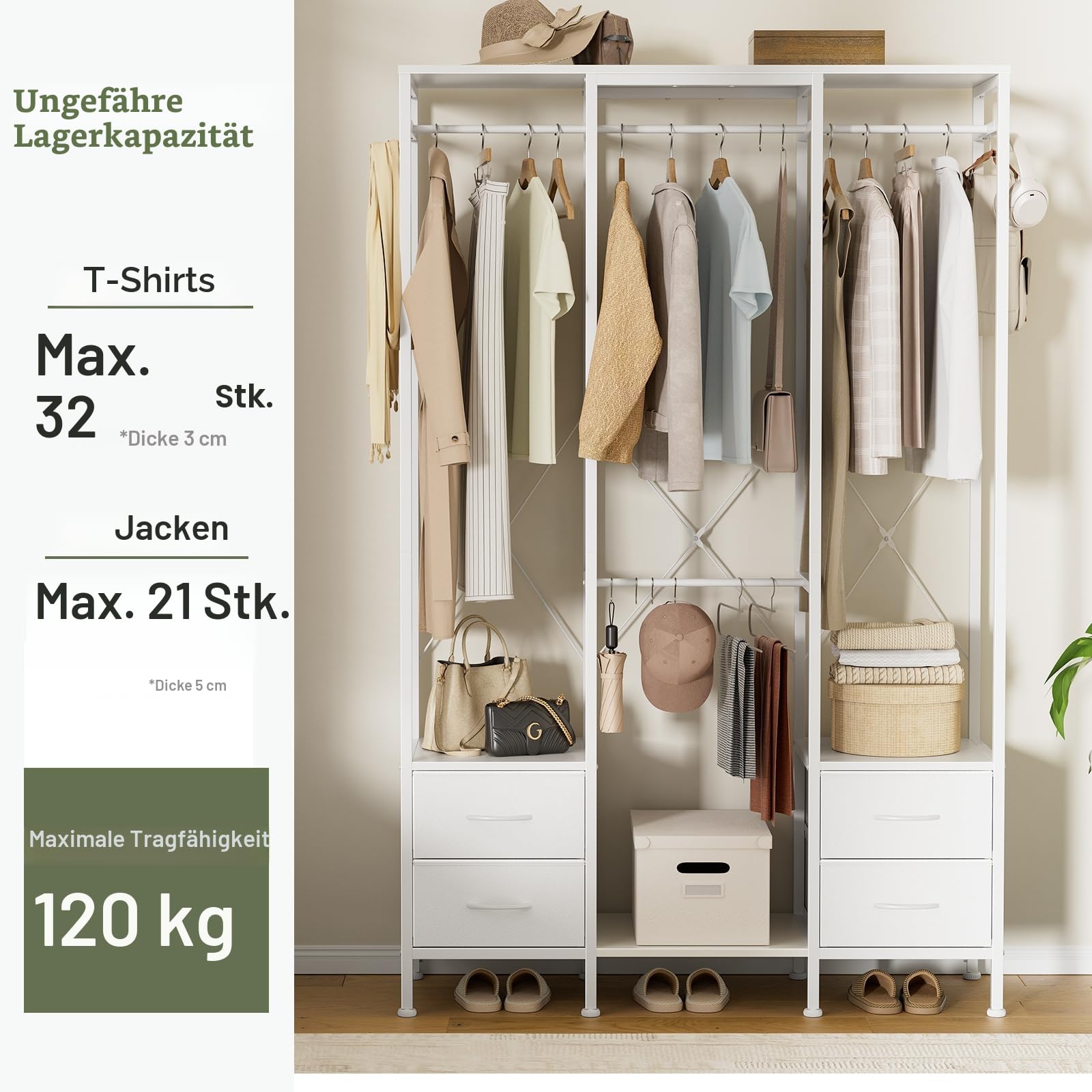 Schlafzimmer Kleiderschrank, Stoffschubladen & Hängeregale， Weiß