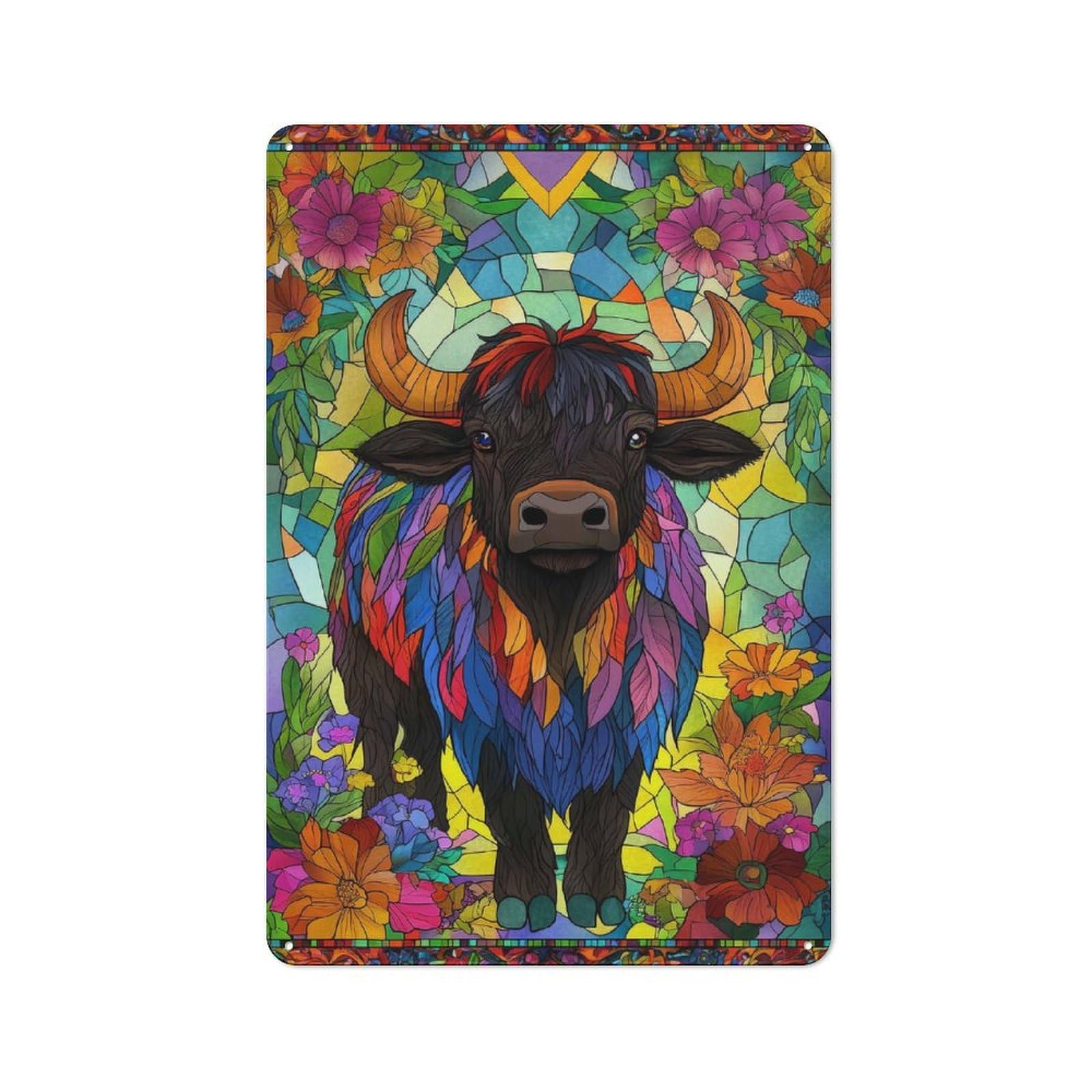 Rustic Stained Glass Bull Decorative Tin Sign 30x20cm, Cottage Wall Art for Cottage, Kitchen, Hallway Or Breakfast Nook