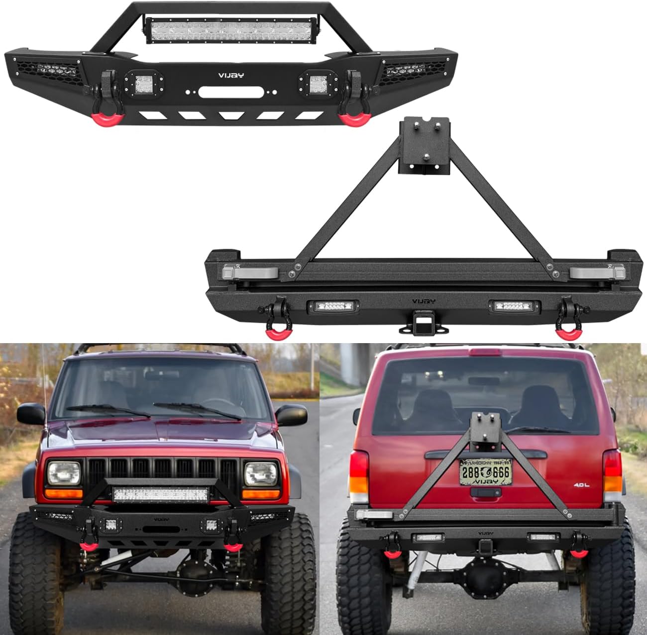 Vijay Front and Rear Bumper Fits 1984-2001 Cherokee XJ with Winch Plate and Lights