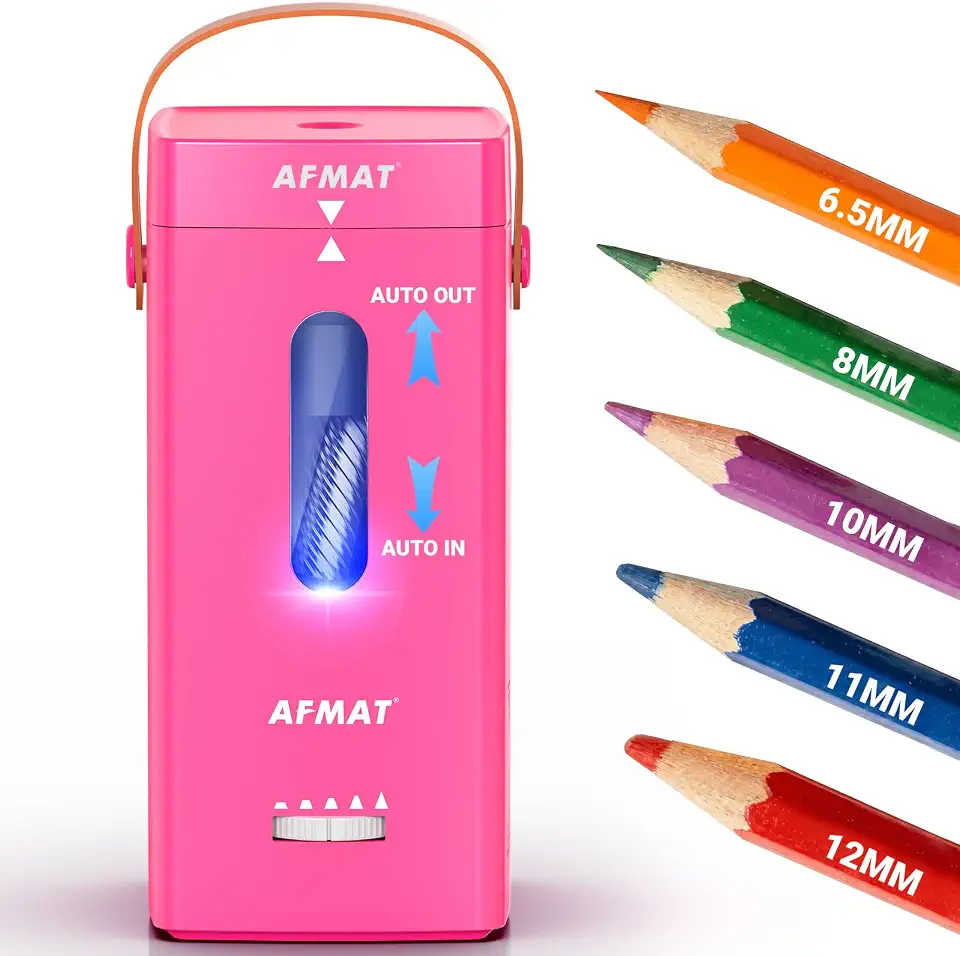 AFMAT Electric Pencil Sharpener, Fully Automatic Pencil Sharpener, Auto in & Out, Rechargeable Hands-Free Sharpeners for Jumbo & Colored Pencils (6.5-12mm), Portable for Home/Classroom/Office PSC6