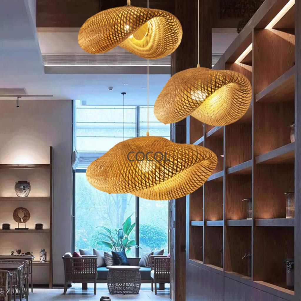 Suspension E27 Bambou Pendentif Industriel Lustre Tissage Intérieur Vintage Naturel Luminaire Plafonnier Suspendue pour Restaurant Salon Chambre Café, 100cm