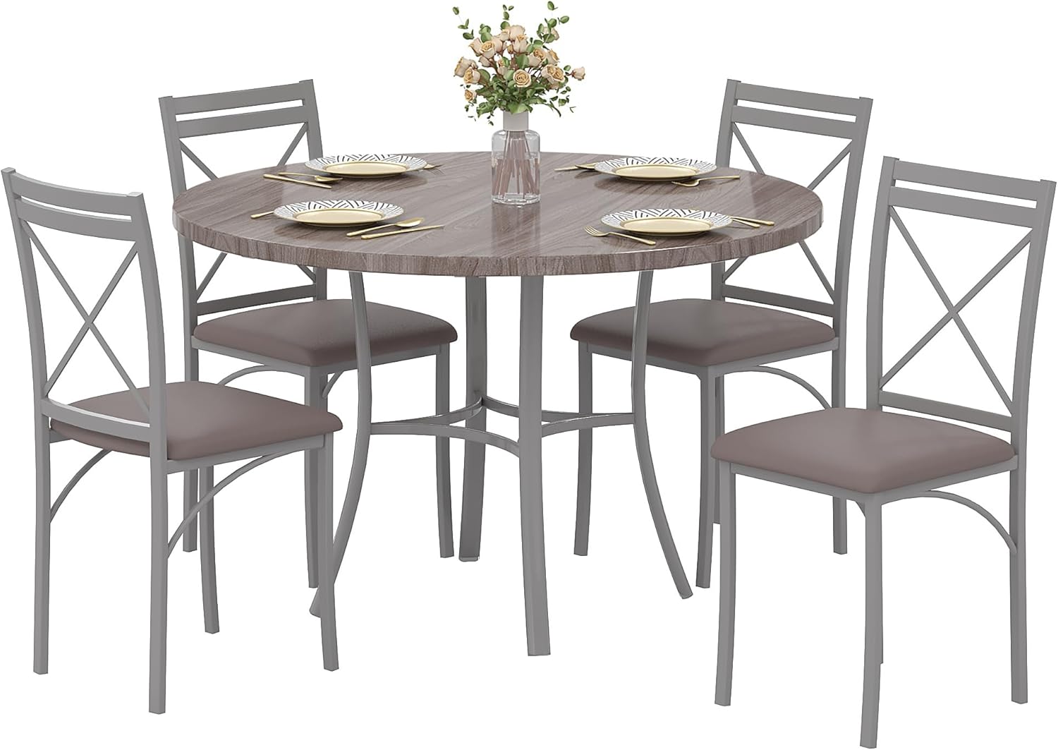 VECELO 5-Piece Round Dining Table Set for 4, Wood Grain Light Grey Kitchen Dinette with Upholstered Chairs, Small Space Friendly
