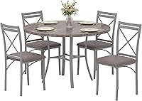 VECELO 5-Piece Round Dining Table Set for 4, Wood Grain Light Grey Kitchen Dinette with Upholstered Chairs, Small Space Friendly