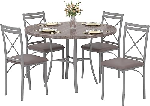 VECELO juego de mesa de comedor de 5 piezas para 4, mesa de desayunador de grano de madera con sillas para cocina, rincón de desayuno, espacio Gris