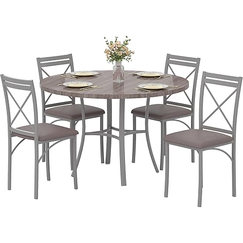 VECELO 5 Piece Dining Table Set for 4, Wood Grain Dinette with Chairs for Kitchen, Breakfast Nook, Small Space, Light Grey