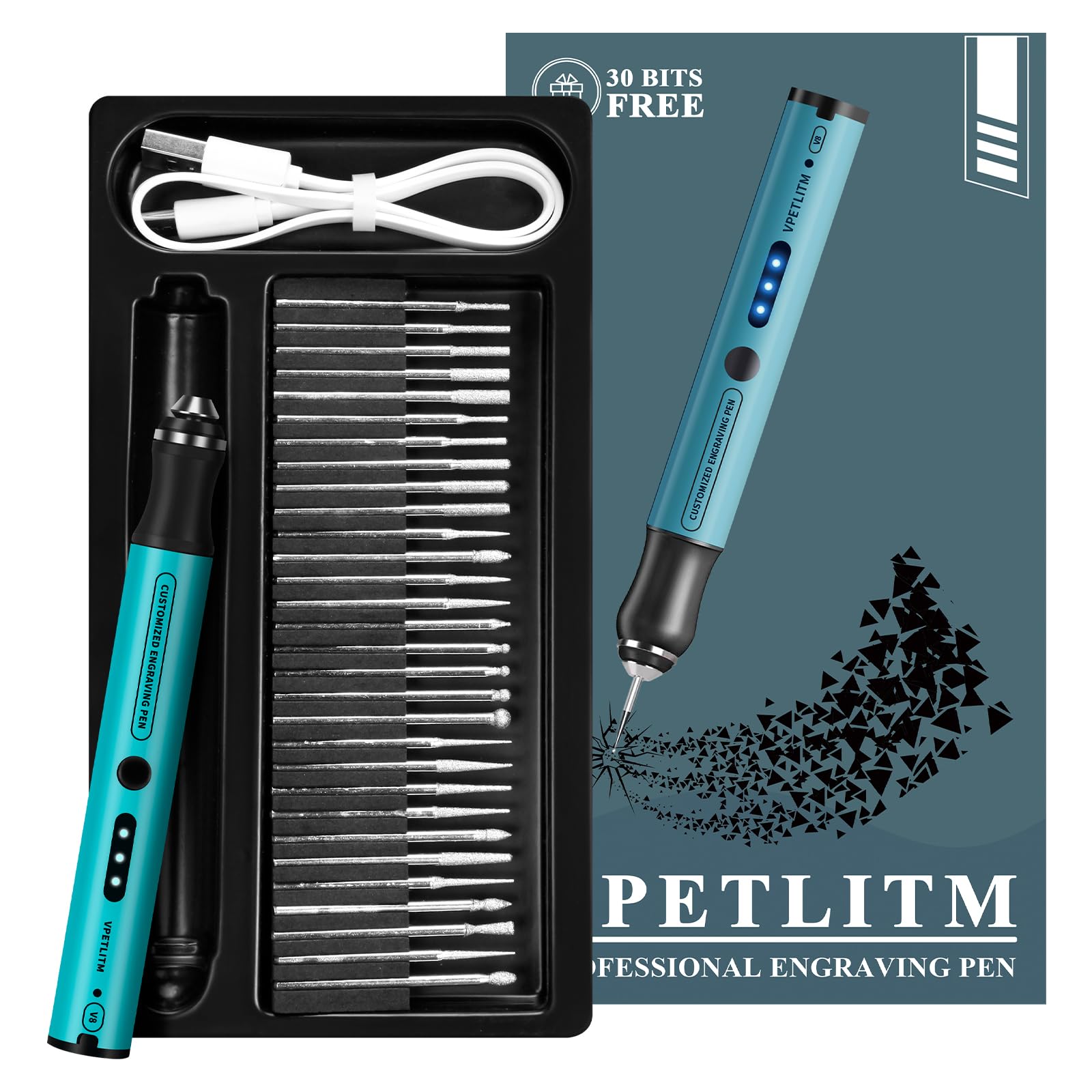 Engraving Pen by VPETLITM, Ultimate Cordless Portable Tool for Artists & DIYers - Engrave 50+ Surfaces - Beginner Friendly - Rechargeable - Free 30 Bits & Mastery Guide & Stencils