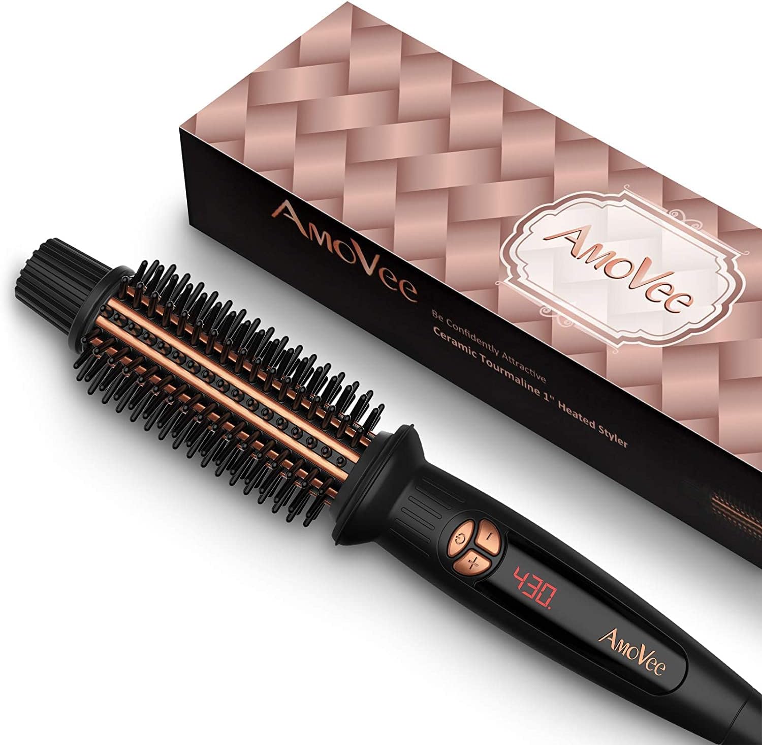 AmoVeeCurling Iron Brush, 1 inch Heated Round Brush/Hair Curler/Straightener with Travel-Friendly Dual Voltage, Tourmaline Ceramic Ionic, Anti-Scald Instant Heat Up Hot Brush for All Hair Types
