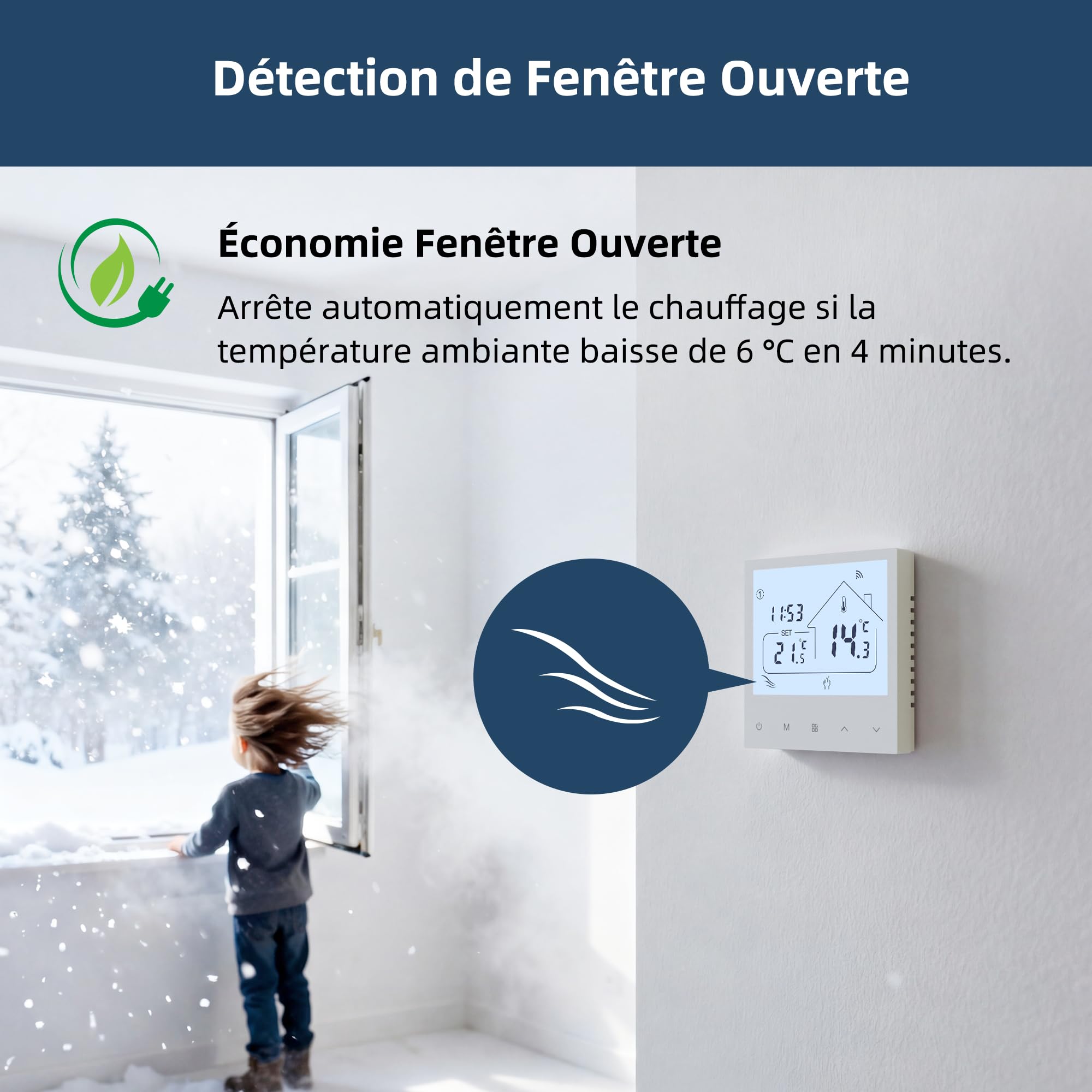 Beok Thermostat Connecté Grand Écran, WiFi pour Chaudière Gaz/Chauffage au Sol à Eau, Commande vocale Google Home & Alexa, Contrôle à Distance Via app Tuya Smart, Programmation journalière, 230V/3A