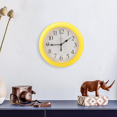 Miniatura 7 de Reloj de pared moderno, amarillo, redondo de 9 pulgadas, funciona con pilas, silencioso, sin tictac, fácil instalación, materiales duraderos