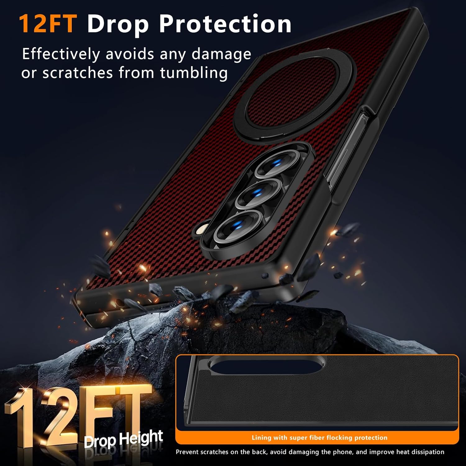 Case for Samsung Galaxy Z Fold7 - Strong Magnetic 360° Rotatable Kickstand & Hinge Protection | Carbon Fiber Texture Design | PC Shock-Absorbing Cover | Red MUS-ZTZJ-01-03