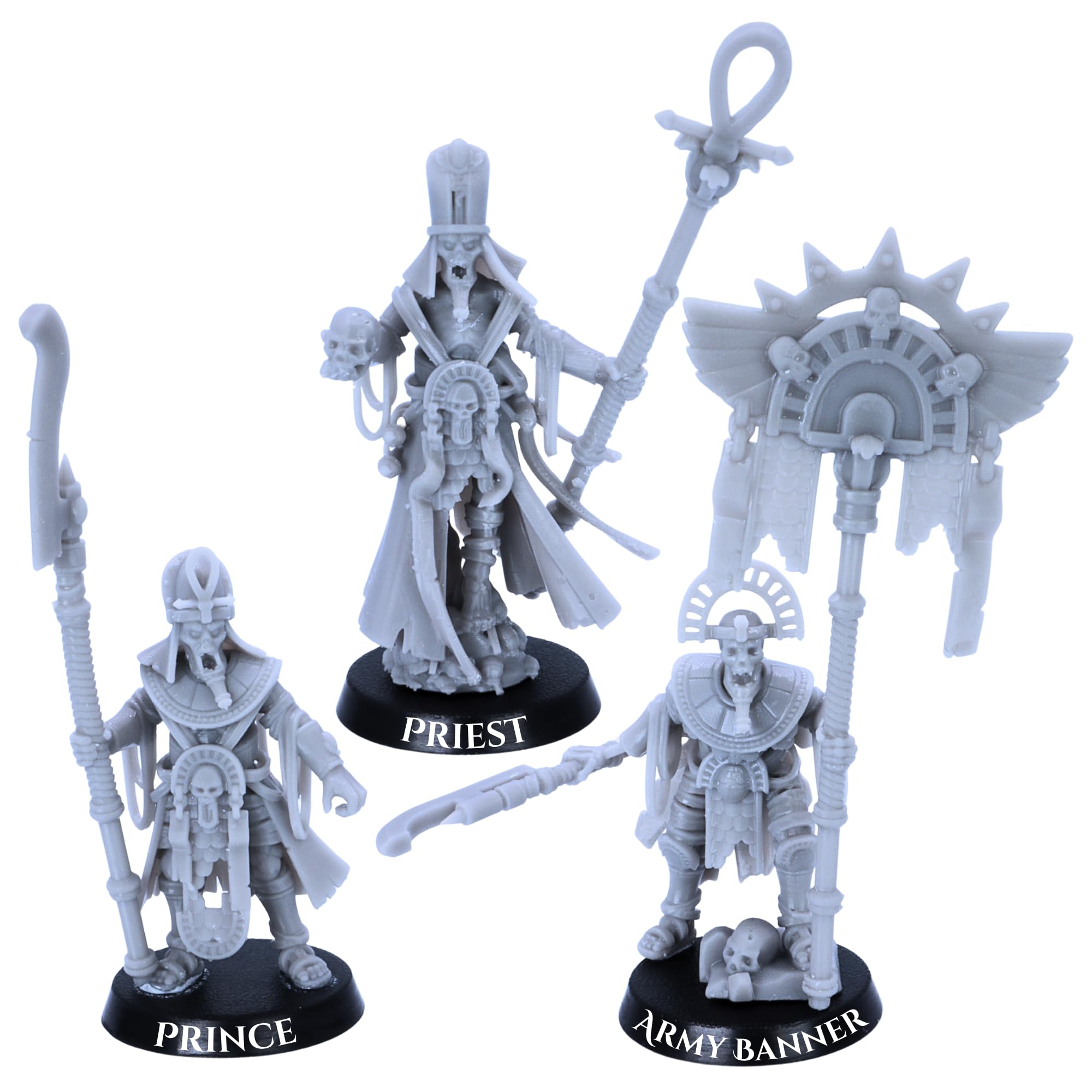 Egyptian Skeleton Characters  3 Undead Mummy Miniatures for Fantasy Wargames | 32mm Scale Resin Models | DnD | Highlands Miniatures Licensed | Unpainted 25mm Base Figures for Painters & Gamers