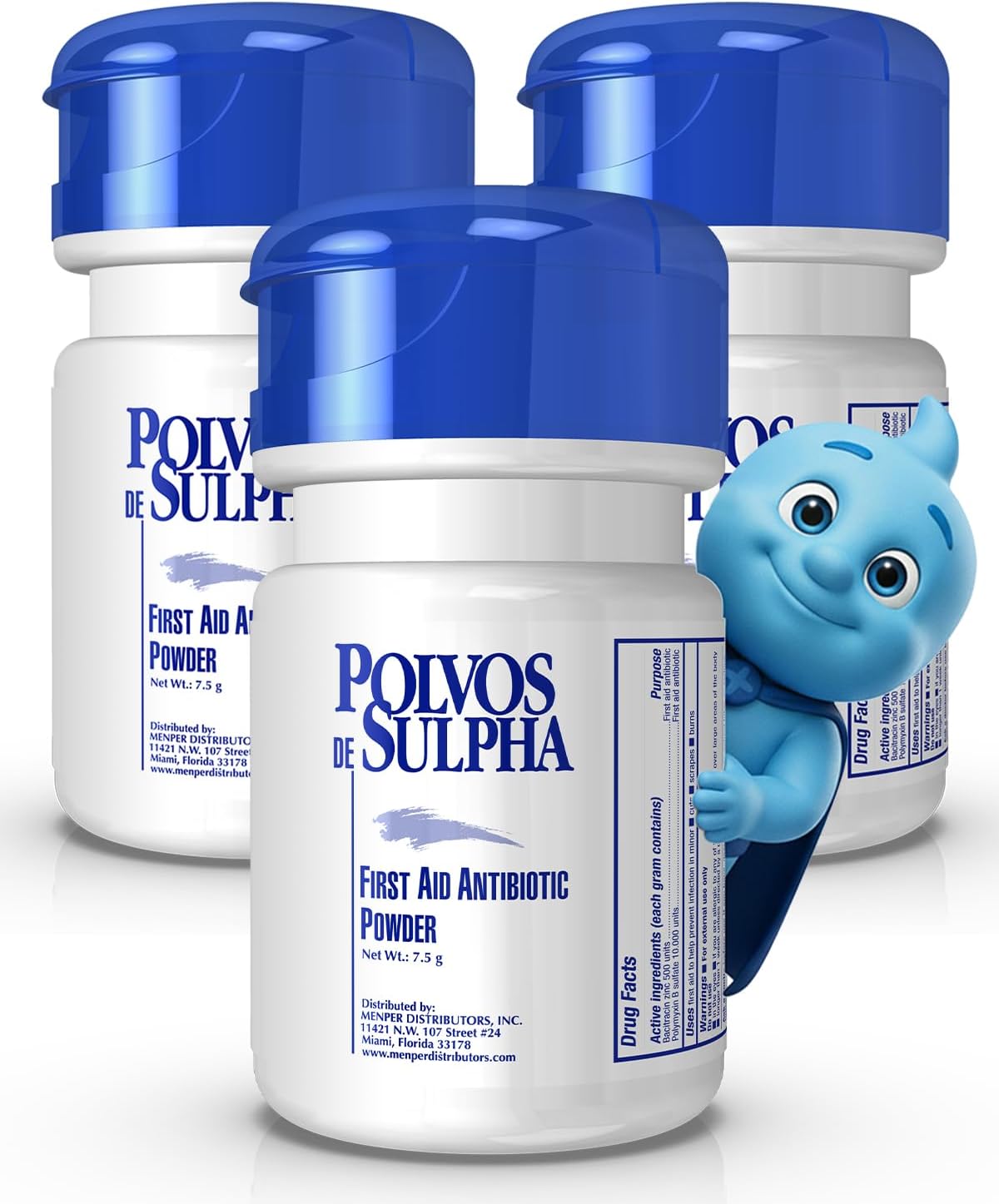 POLVOS DE SULPHA MENPER Antibiotic Powder with Bacitracin, First Aid Pain Relief, Healing Wound Seal Powder, Essential Wound Care Medicine for Travel, Effective Healing and Protection, 7.5g, 3-Pack